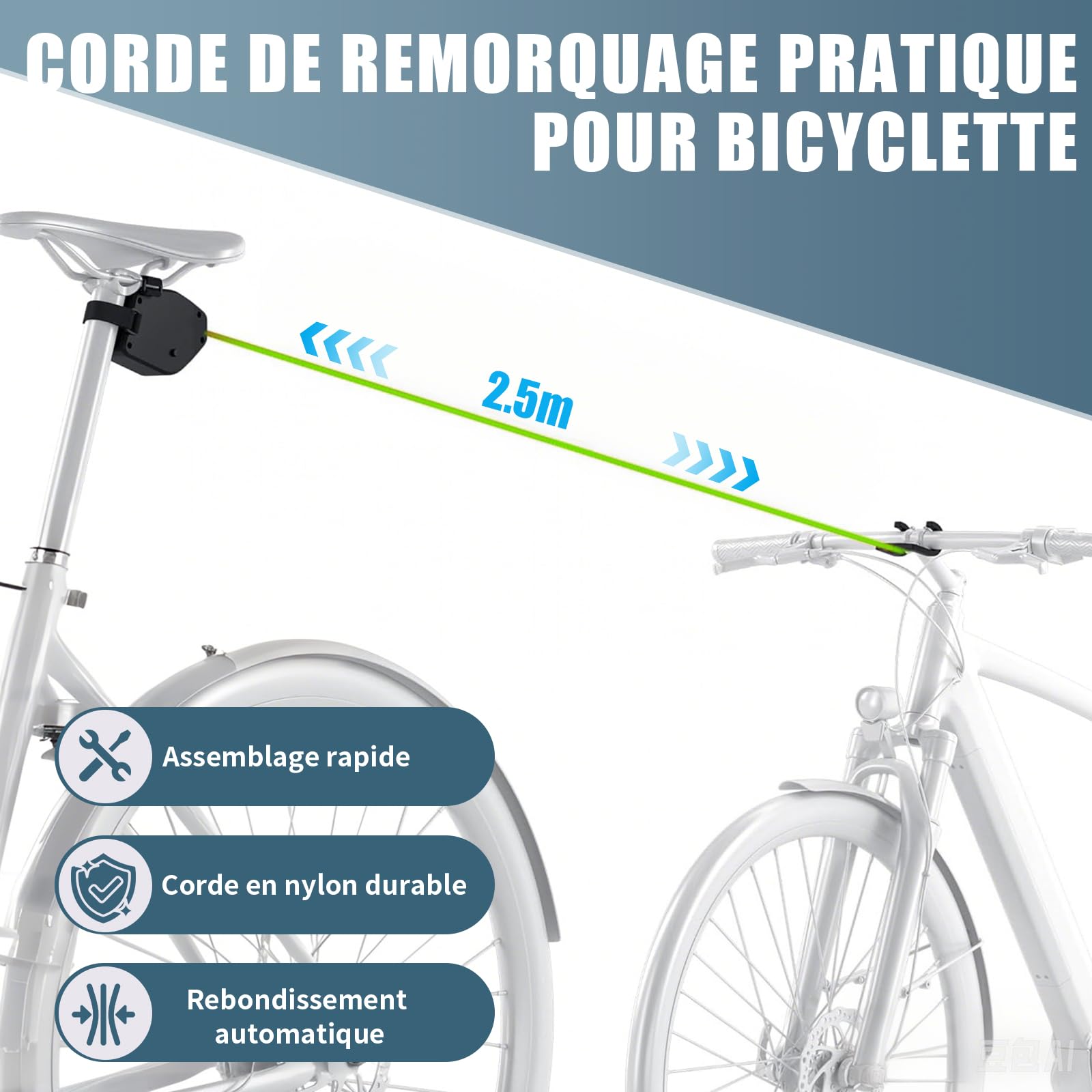 Corde de Remorquage Vélo Enfant 2,5m Vankarr Compatible Universel Enroulement Automatique