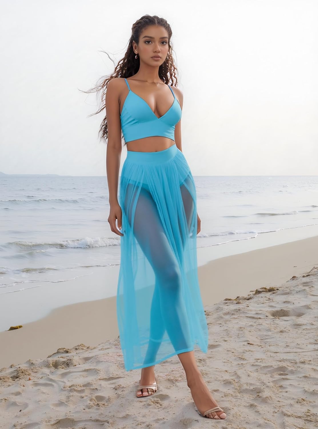 Women Sexy 2 Piece Outfits Dress Chiffon Strap Deep V Neck Bra Crop Top High Split Maxi Dresses Skirt Set - Image 5