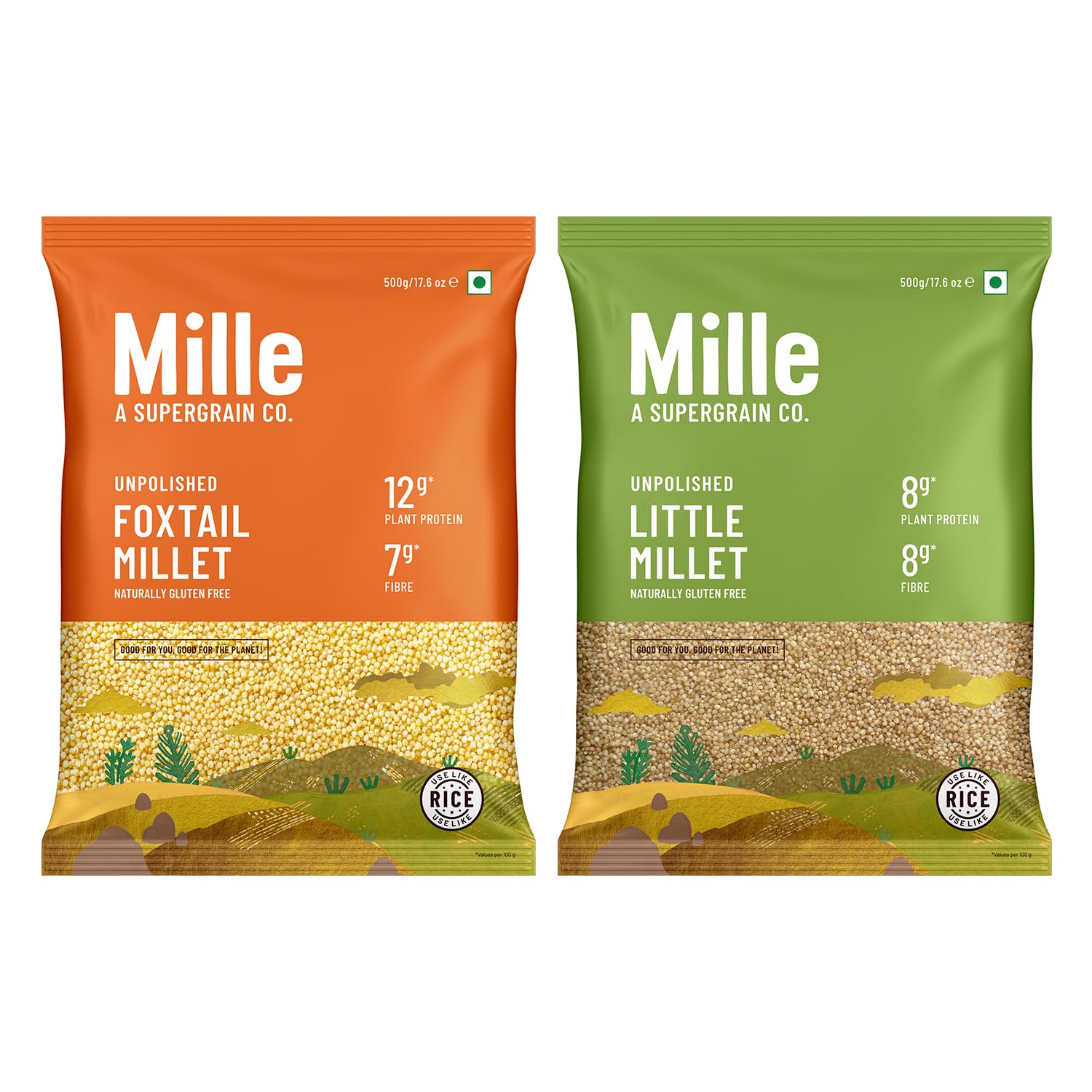 Mille Foxtail Millet and Little Millet Whole Grains Combo | Ideal for Fasting | Unpolished, Toasted, No Soaking Required | Gluten Free | No Chemicals | High Plant Protein and Fibre | Rice Replacement | 100% Whole Grain | Pack of 2 x 500g each