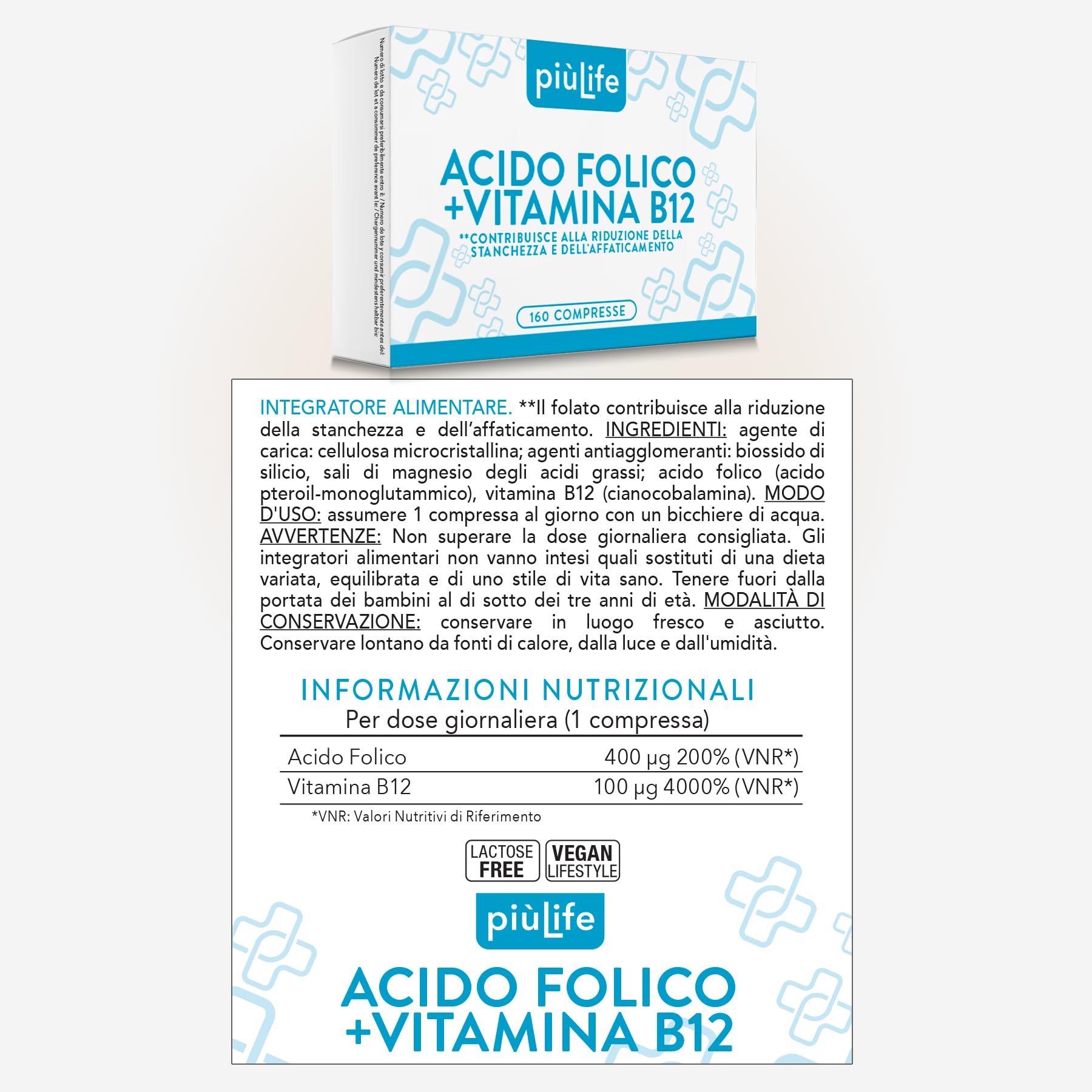Acido Folico 400 μg Con B12 160 Compresse PiùLife, 1 Al Giorno, Folina Integratore Acido Folico E Vitamina B12, Energia Contro Stanchezza E Affaticamento, Mamma