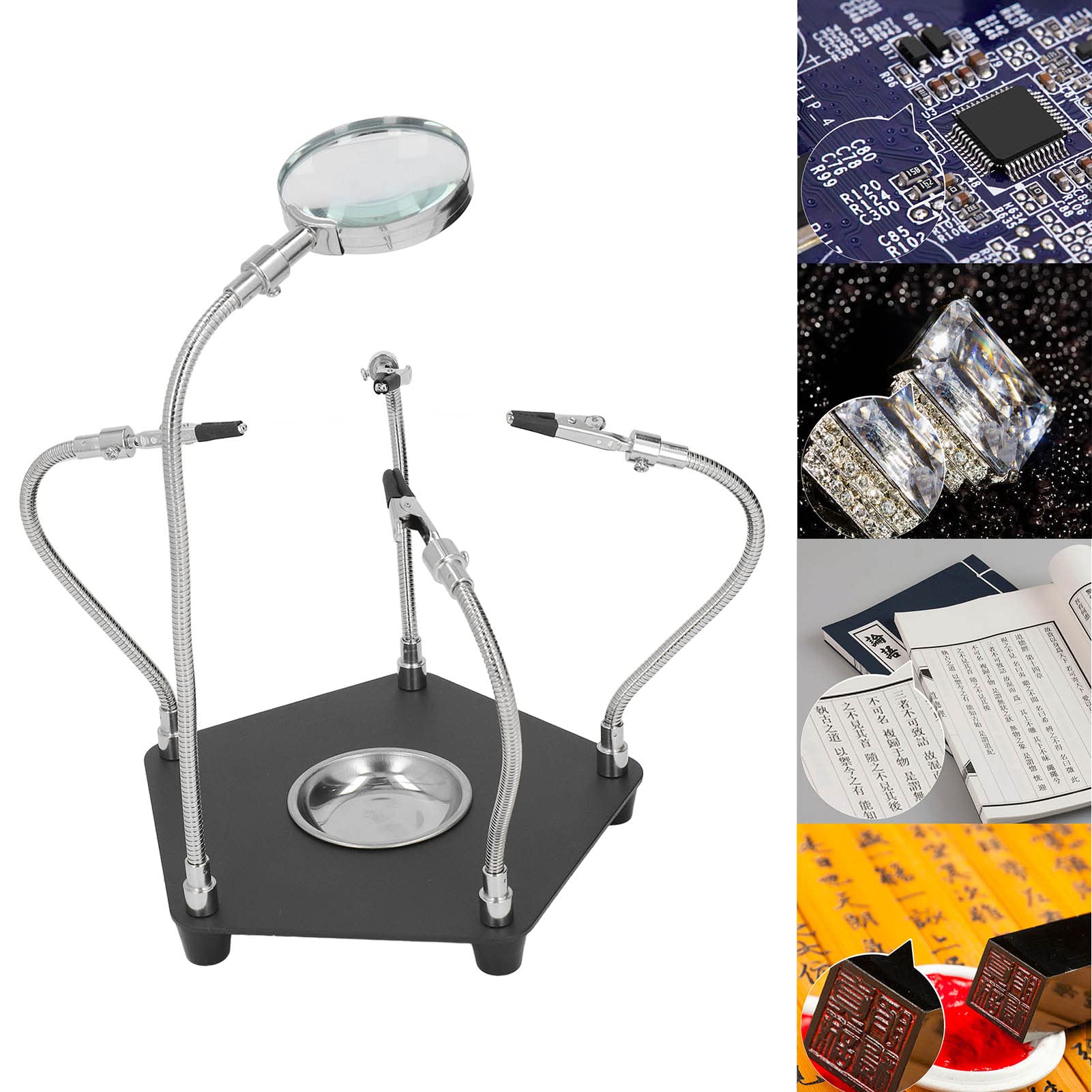 Stazione Saldatura Con 5 Bracci - Lente LED 3X, Base In Metallo, Per Elettronica E Hobby