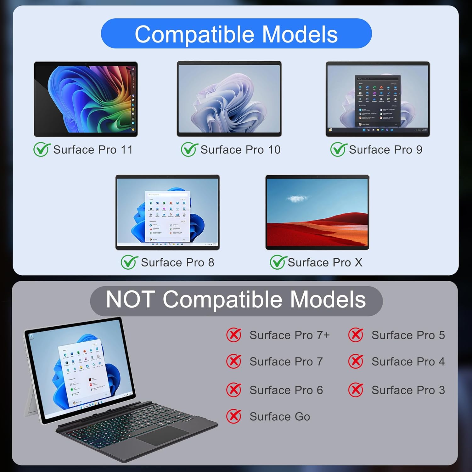 Surface Pro Keyboard for Surface Pro 11/10/9/8/X Keyboard, Ultra-Slim Bluetooth Type Cover for Surface with 7 Colors Backlit, Touchpad, Surface Pro 11 K-eyboard, Magnetic, Detachable, Rechargeable