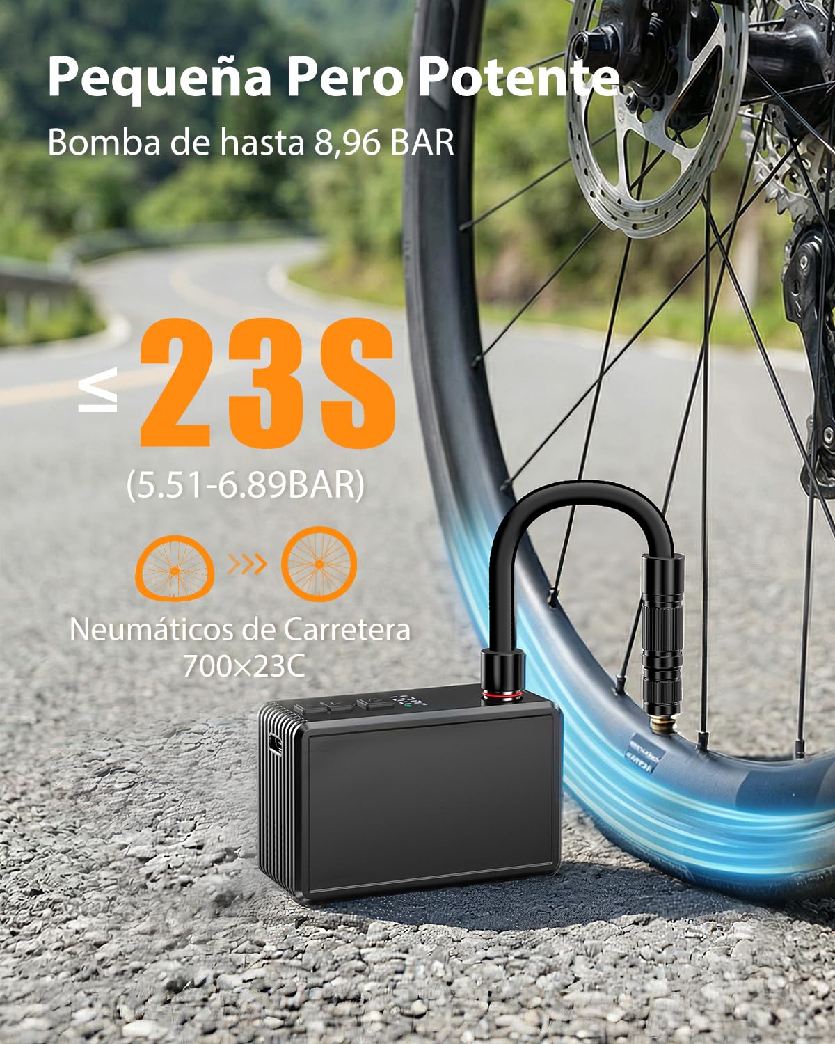 Mini Bomba Inflador Bicicleta Eléctrico,MAX 130 PSI,Inflado Rápido 35s,3 in 1 Bomba Bicicleta Recargable Compatible con Manómetro Válvulas Presta y Schrader para Bicicleta MTB y Carretera