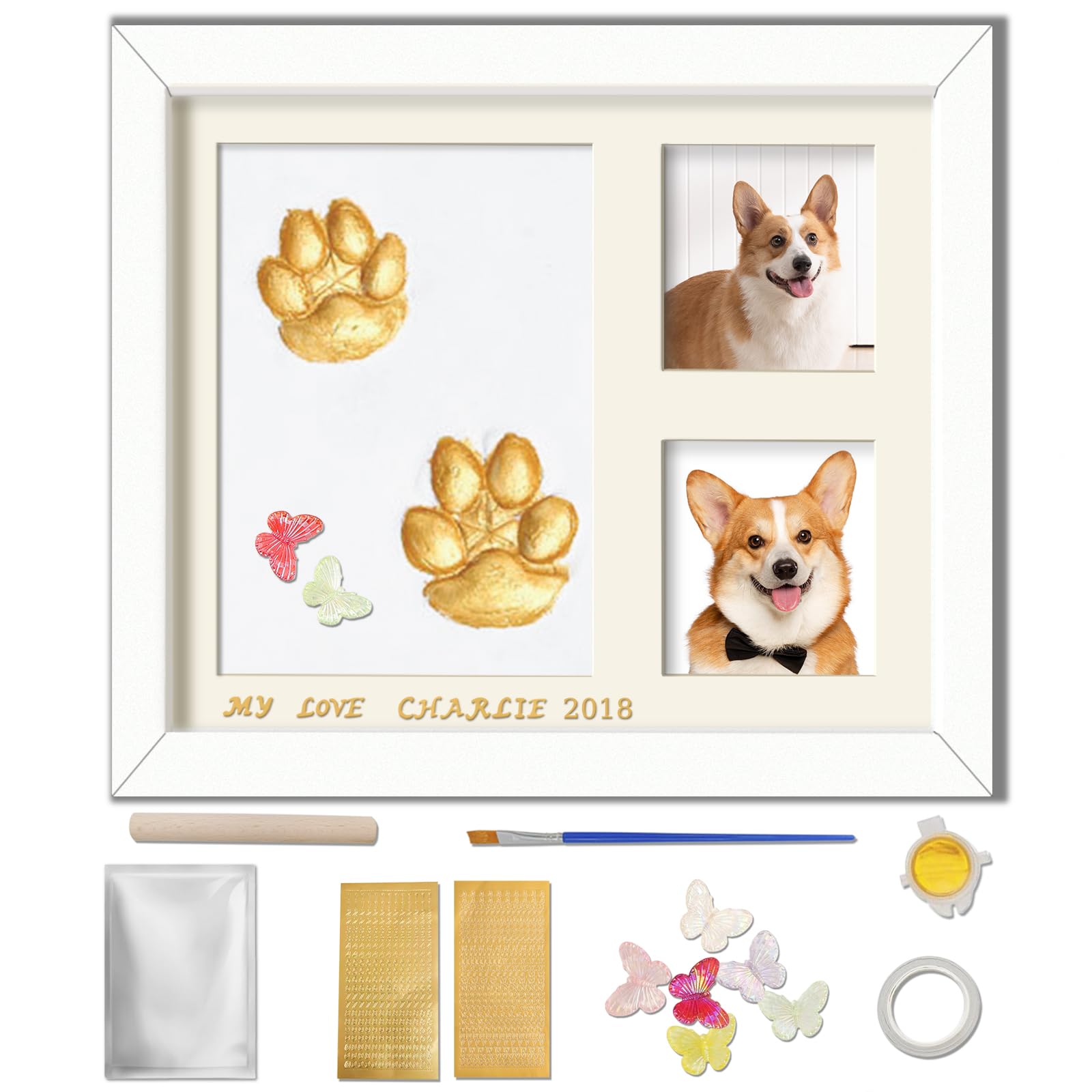 Dog Paw Print Kit, Pet Cat Paw Printing Impression Kit With Paint Dec, Soft Clay Footprint Kit Keepsake, Wooden Pawprint Ink Memorial Picture Photo