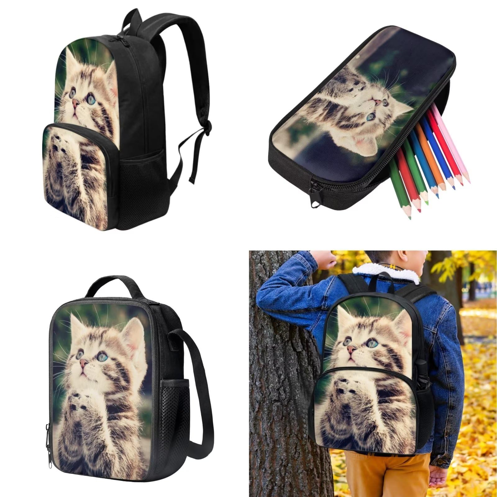 POLERO Juego de 3 bolsas escolares con impresión 3D para el almuerzo, estuche para lápices, Lindo Gato, Talla única, Mochila infantil