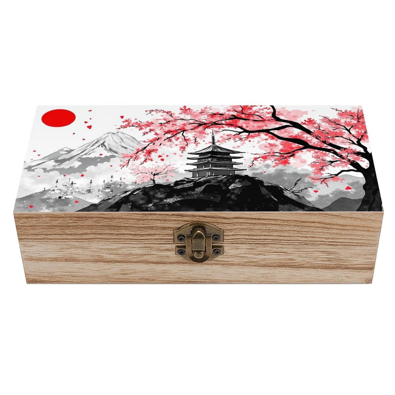 Anceky As Pic Japanese Pagoda Cherry Blossom Wooden Storage Box With Hinged Lock,Decorative Handmade Keepsake Jewelry Chest, Elegant Retro Decor Boxes, Compact Organizer Box For Home, Wedding,