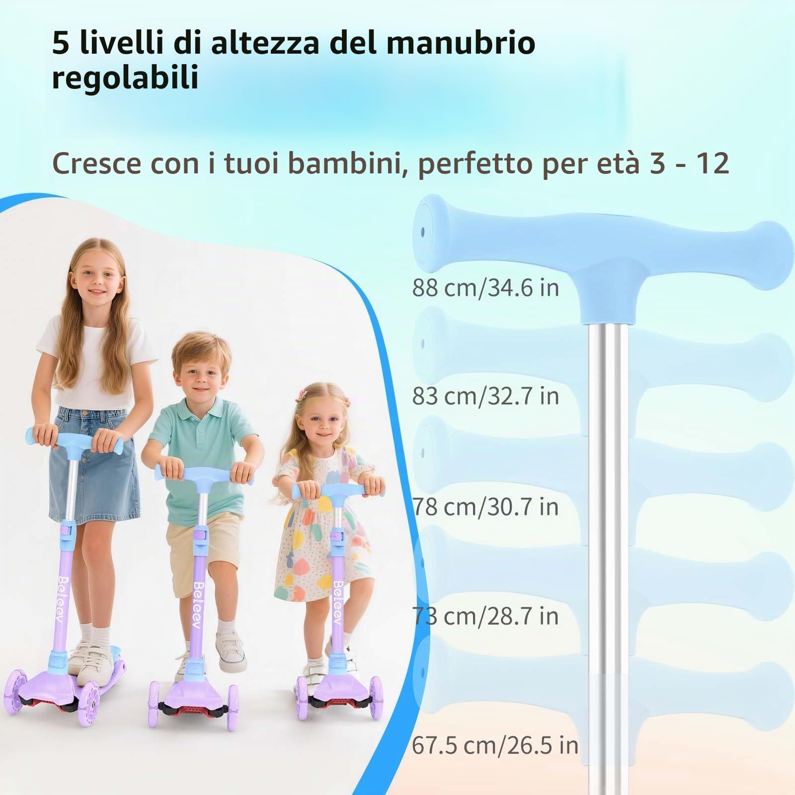 BELEEV A3 Monopattino Bambina con Ruota Illuminata LED, Altezza Regolabile | Pedana Antiscivolo e Extra Larga,Leggero con Telaio Robusto per Monopattino 3 Ruote Bambina Bambini e Bambine 3-12 Anni