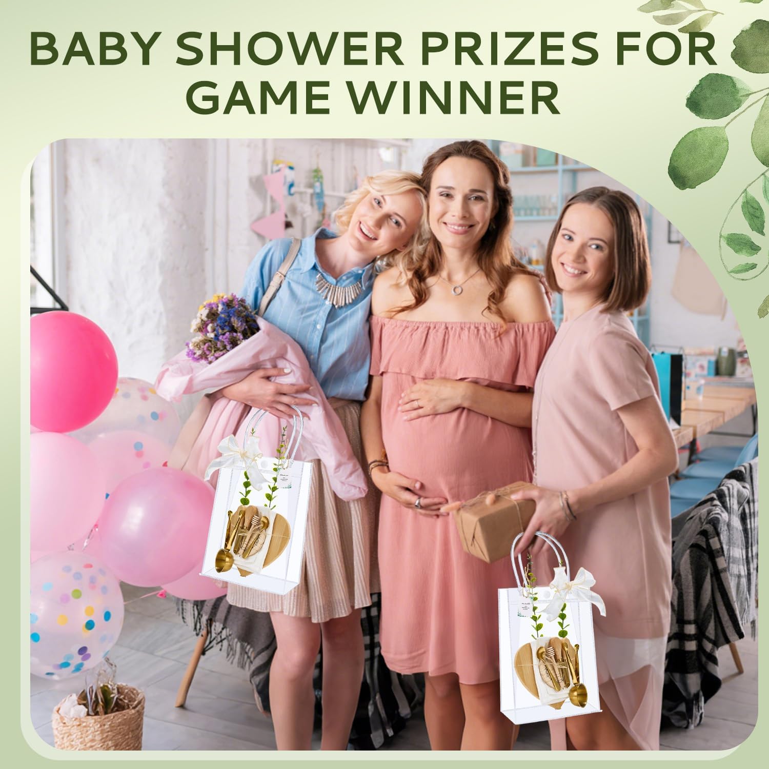 Baby Shower Prizes for Game Winners Heart Shaped Cheese Board Honey Dipper Stainless Steel Utensils Set Thank You Card Gift Bags for Baby Shower Wedding Bridal Shower Favors (6 Set-Bamboo, Golden)