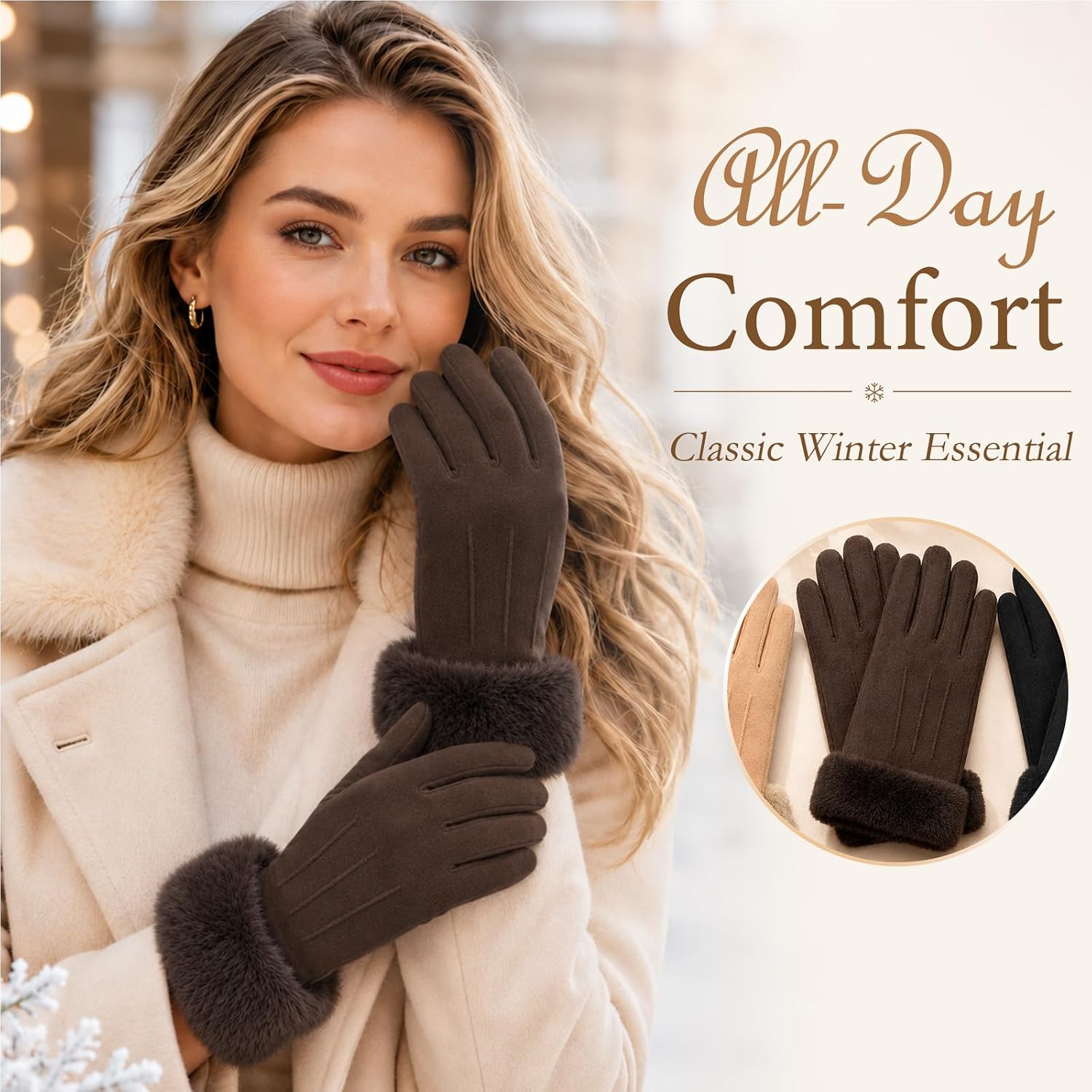 Women’s Suede Gloves with Faux Fur Trim – Extra Thick Fleece Lined Winter Gloves for Extreme Cold