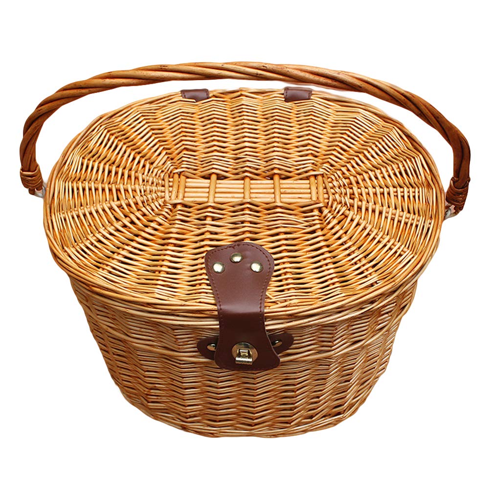 Bicycle Basket Wicker Front Handlebar Bike Basket Cargo Front Box with Lid and Handle for Dog Picnic