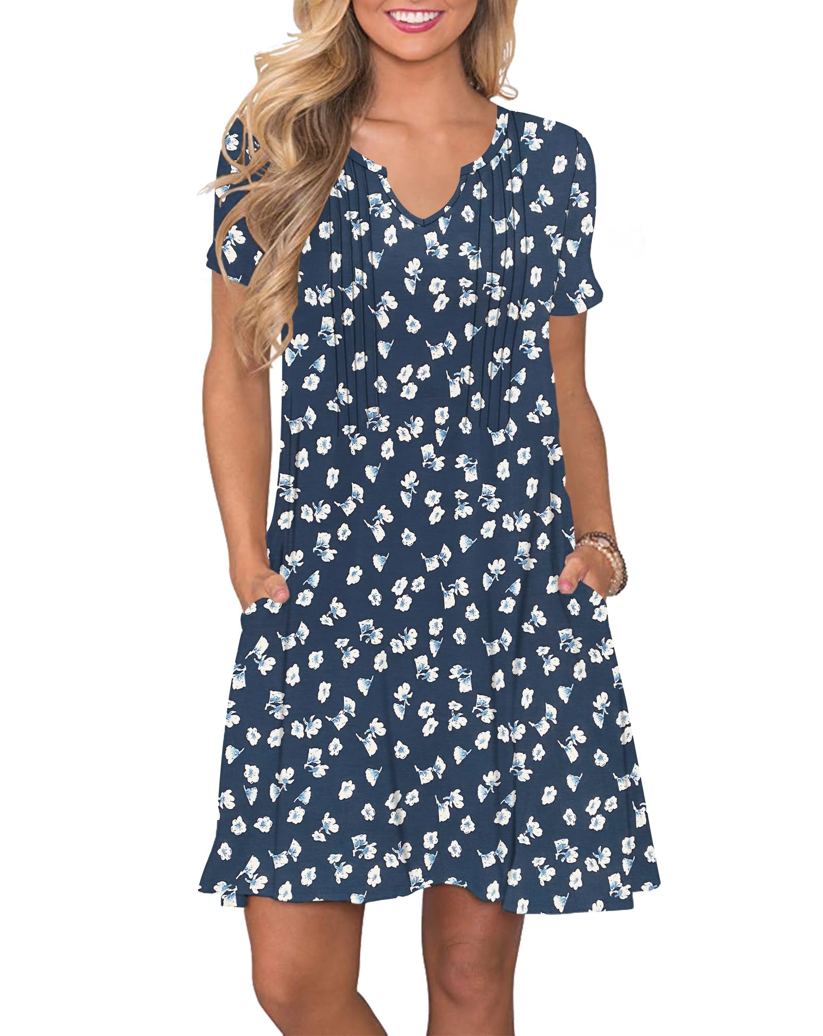 PLOKNRD Damen Sommerkleid Elegant Plissiert Strandkleider Gekerbter V-Ausschnitt T-Shirt Kleid Knielang mit Taschen