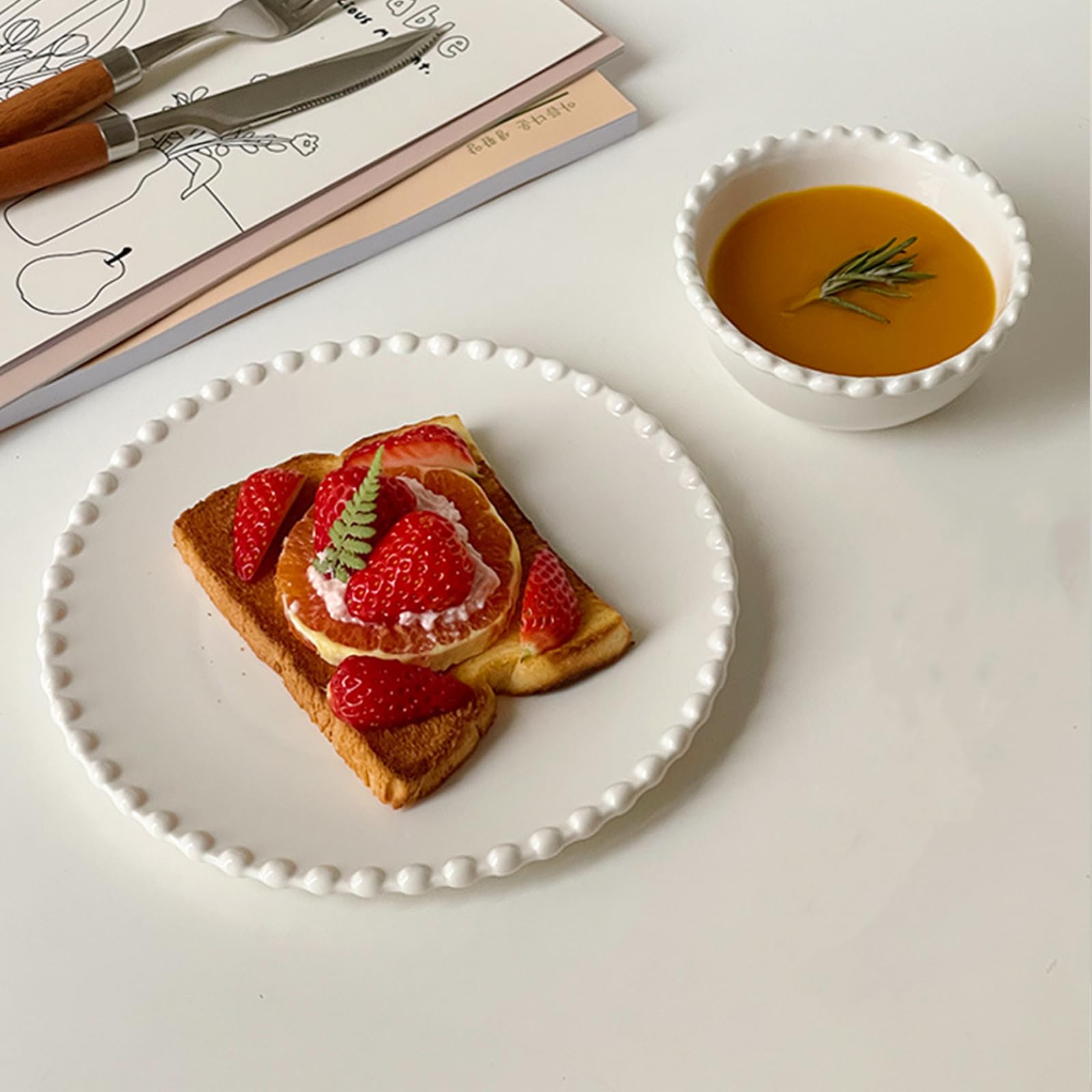 2 piatti rotondi da dessert, piatti da insalata in ceramica, 19,1 cm, piatti piani piccoli bianchi con bordo perlato, piatti per cena/frutta/snack, ideali per compleanni, feste, campeggio