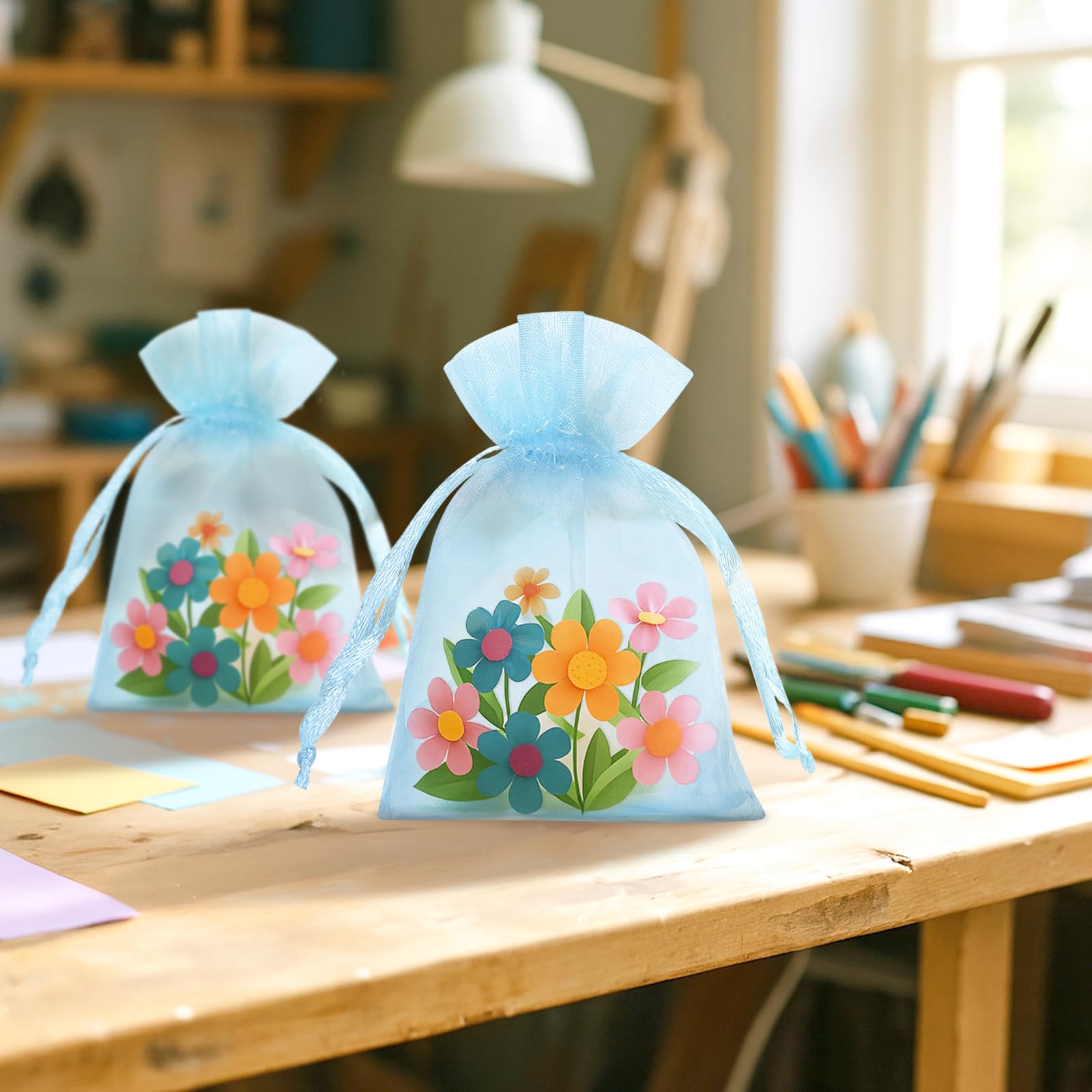 jijAcraft Babyblau małe woreczki z organzy 7 x 9 cm: woreczki prezentowe ze ściągaczem, przezroczyste woreczki na biżuterię, 100 sztuk, woreczek z organzy, do napełniania, prezent na cukierki