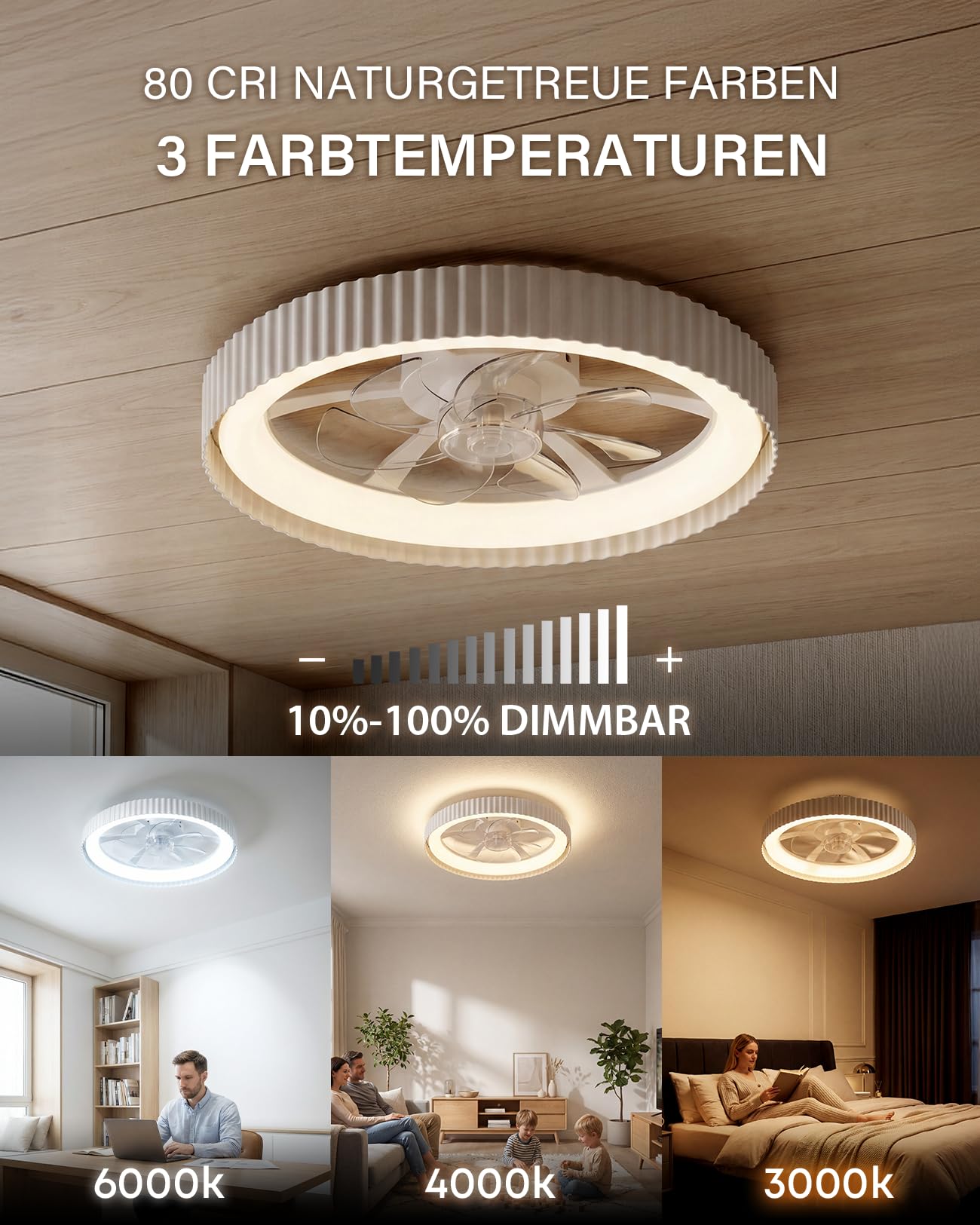 LEONTYNE Deckenventilator mit Beleuchtung, APP & Fernbedienung, Dimmbar 3000K-6500K, Leiser DC Motor Umkehrbar, 6 Geschwindigkeiten, Flach Modern für Schlafzimmer Wohnzimmer