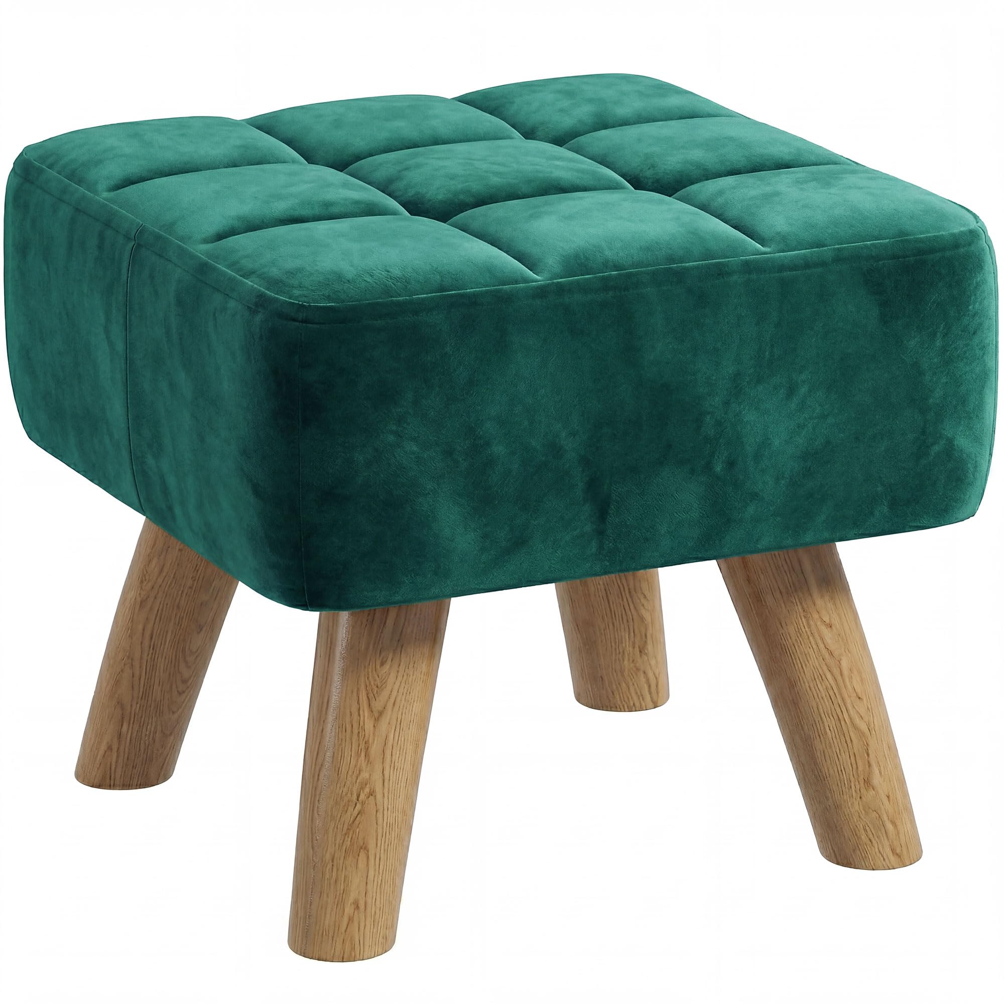 HOMCOM Modern Tufted Footstool, Velvet Fabric Foot Stool with Rubber Wood Legs, Padded Seat, for Living Room, Bedroom, Entryway, Dark Green