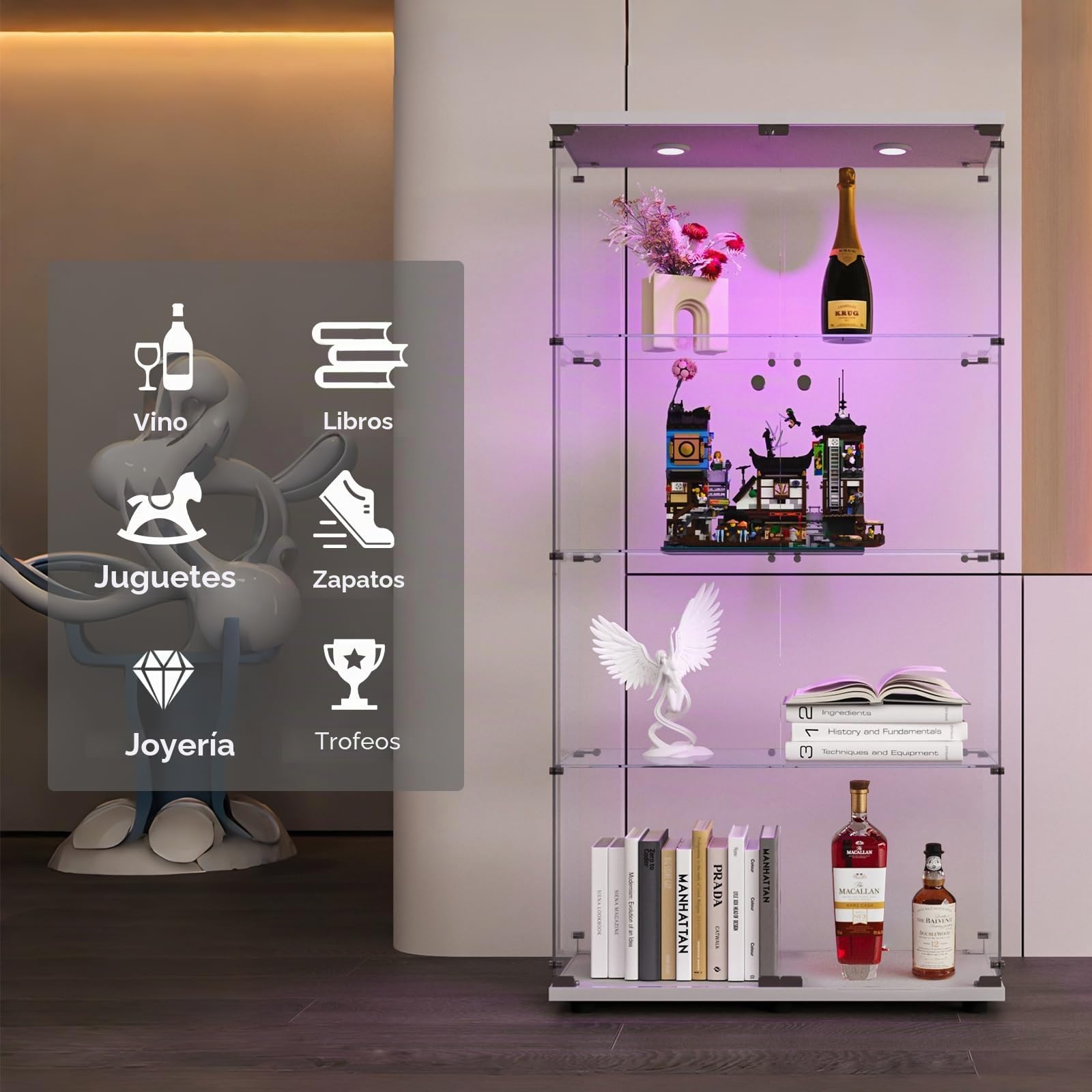 Vitrina de cristal con iluminación LED, vitrina de 4 pisos con puertas dobles, vitrina de colección, cerradura para salón, oficina, comedor y dormitorio, vitrina de cristal (blanco)