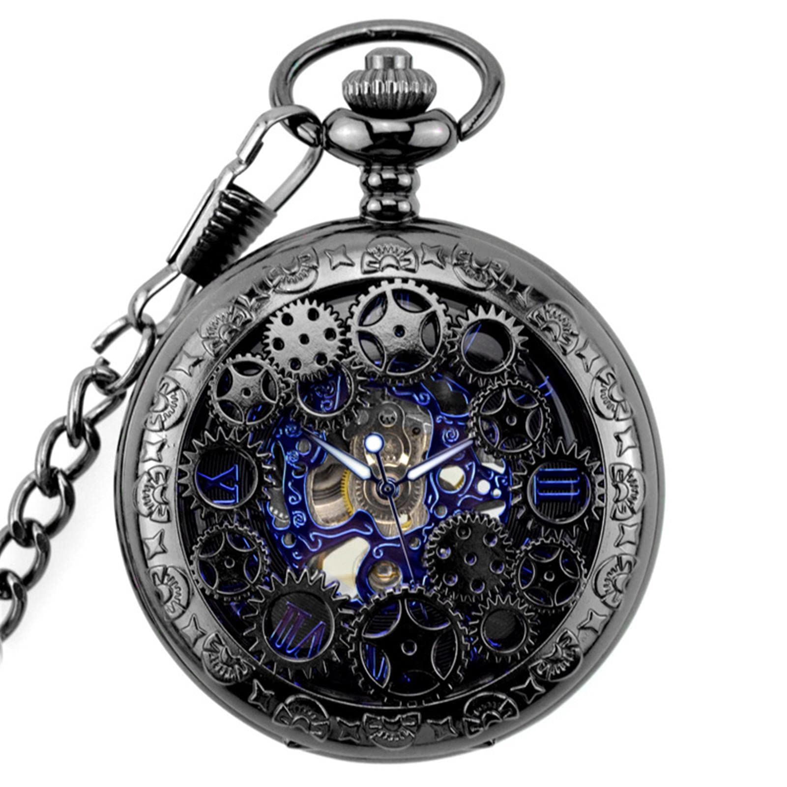 hixswnu Prezent na Dzień Ojca Steampunk szkielet zegarek kieszonkowy z cyframi rzymskimi 35 cm łańcuszek