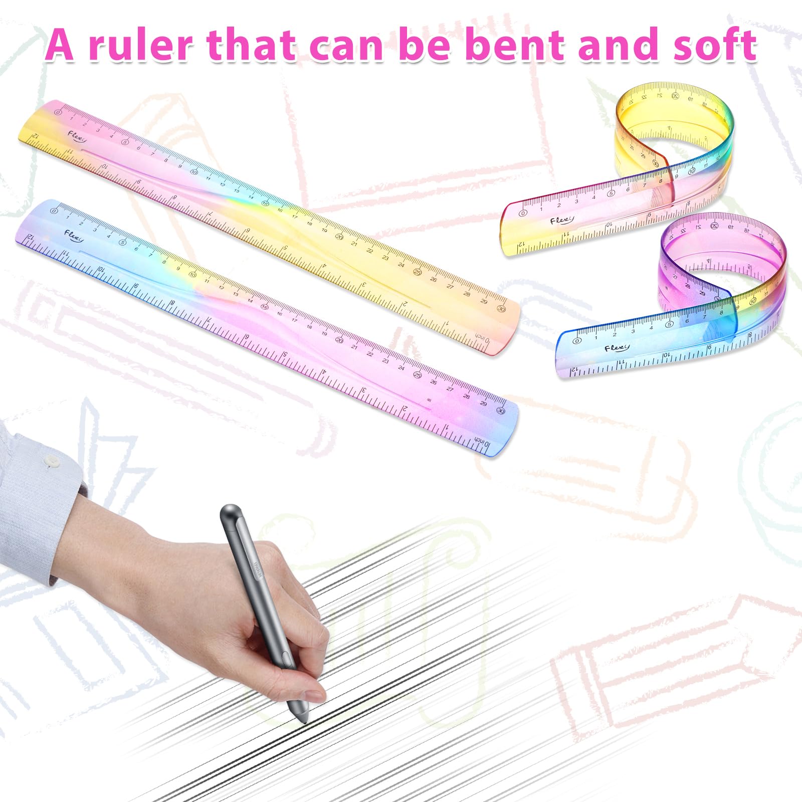 2 Pieces Flexible Ruler, Mabor 12inch Plastic Ruler Shatterproof Straight Edge Ruler Soft Bendable Ruler for School Classroom Office Kids & Adults - Image 4