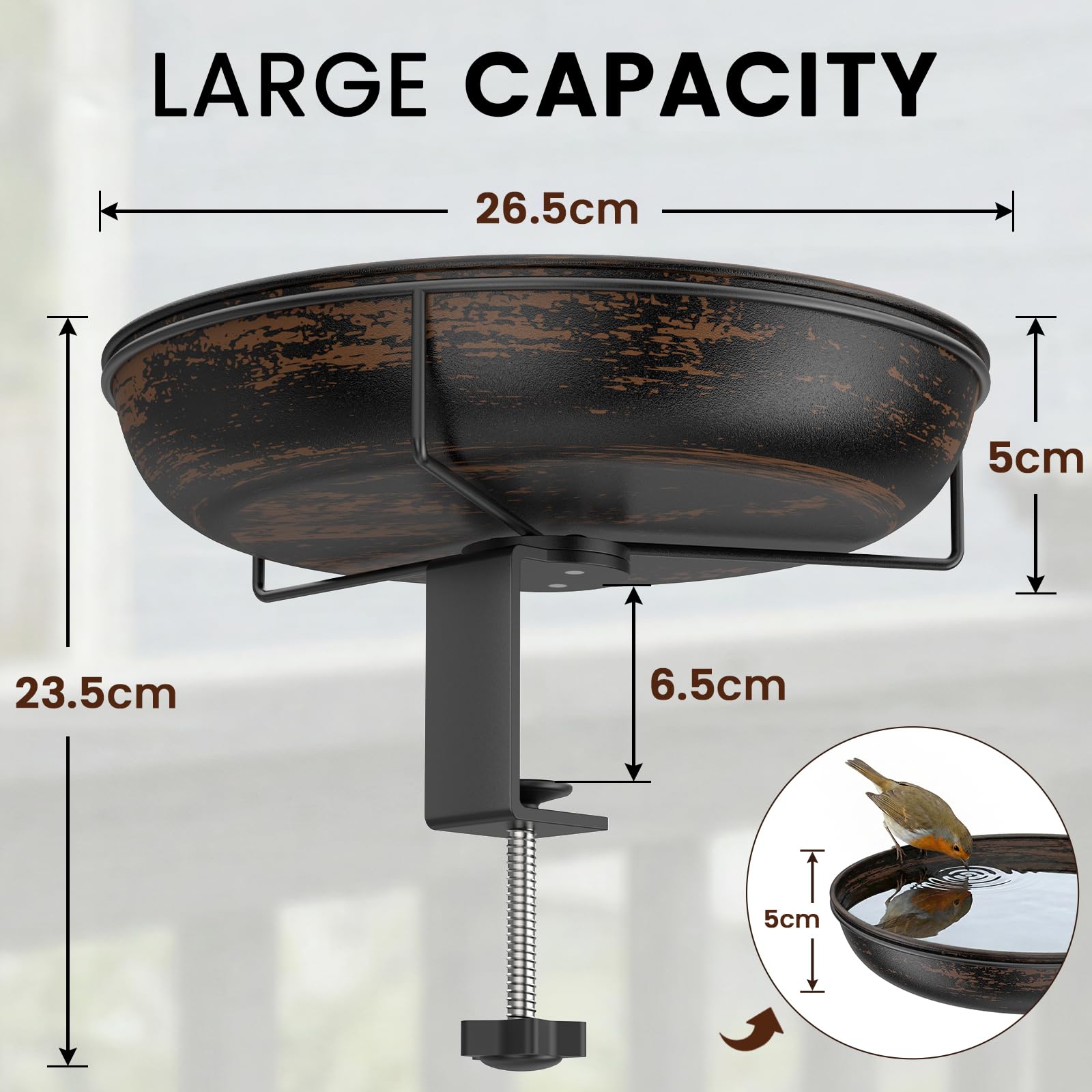 Abbeveratoio da appendere per ringhiere del balcone metallo Φ26 cm per uccelli selvatici antico grande capacità