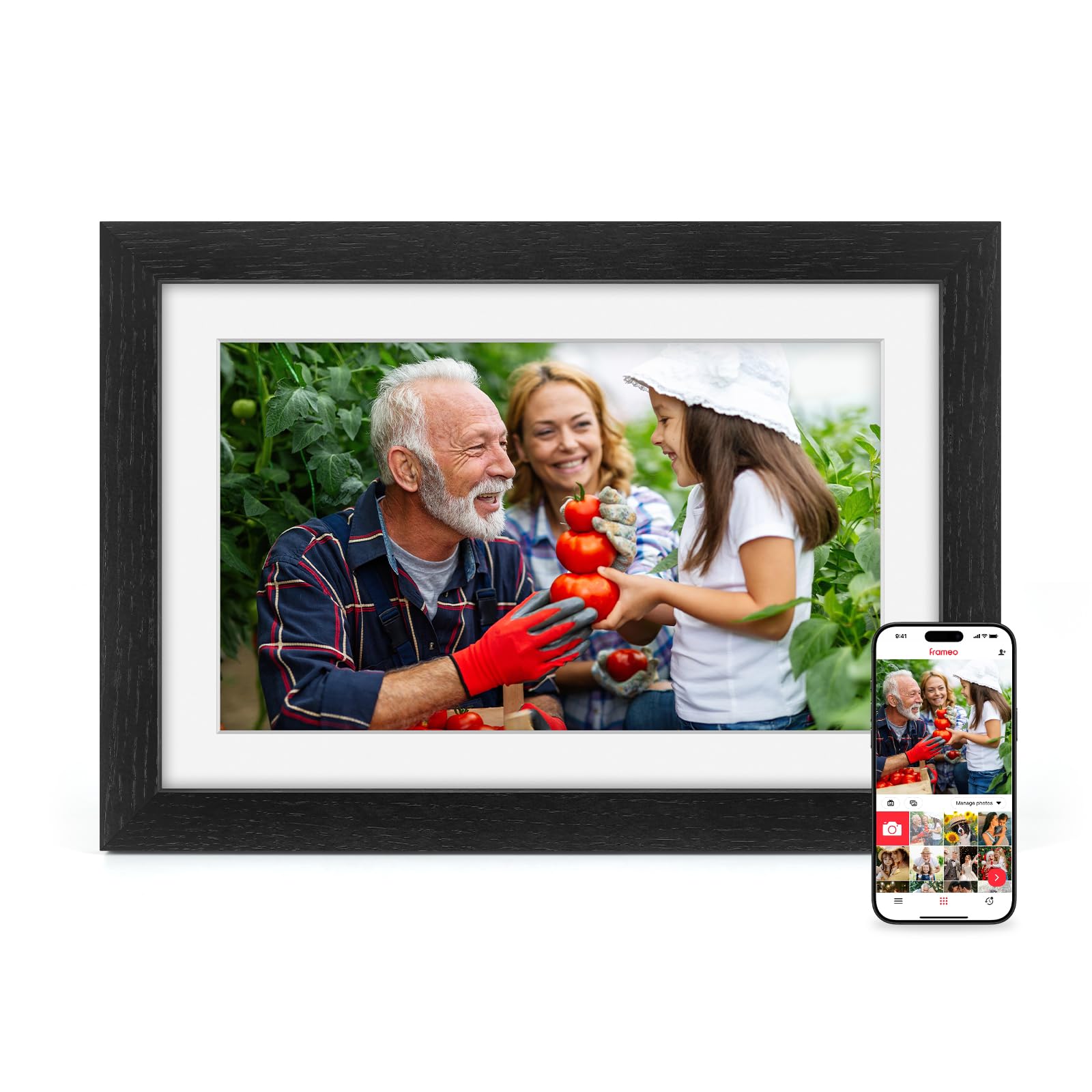 Frameo Marco de Fotos Digital WiFi 10.1 Pulgadas Negro Madera de Roble Memoria Incorporada 32GB, HD 1280x800 IPS, Panta…
