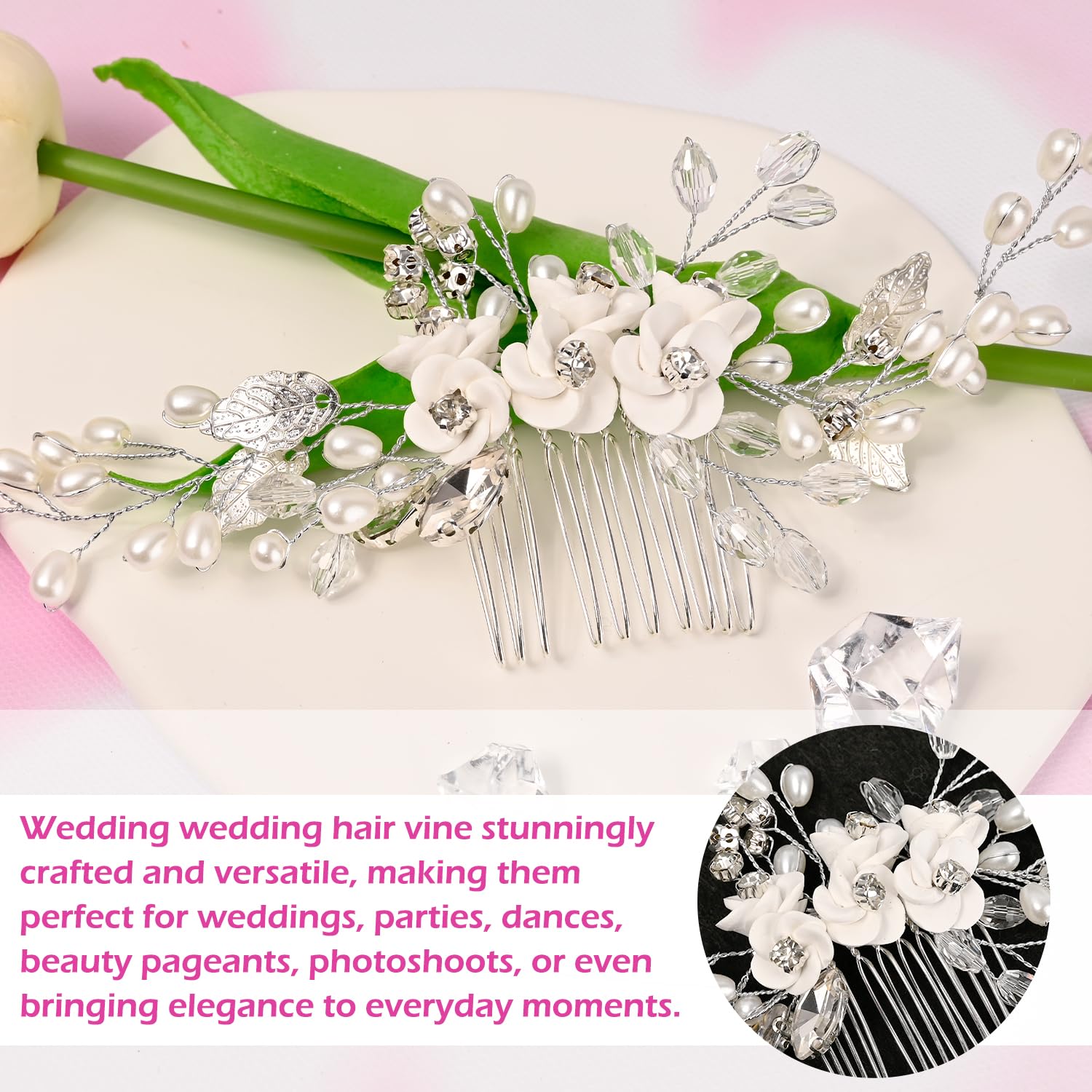 Wedding Hair Accessories for Bride Silver Flower Leaf Hair Comb, Crystal Beaded Side Comb for Women and Girls - Image 3