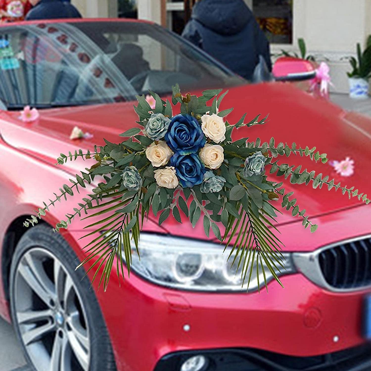 Rose artificiali decorazione fiori di seta foglie verdi appeso ghirlanda scenario scenario soggiorno decorazione (blu)