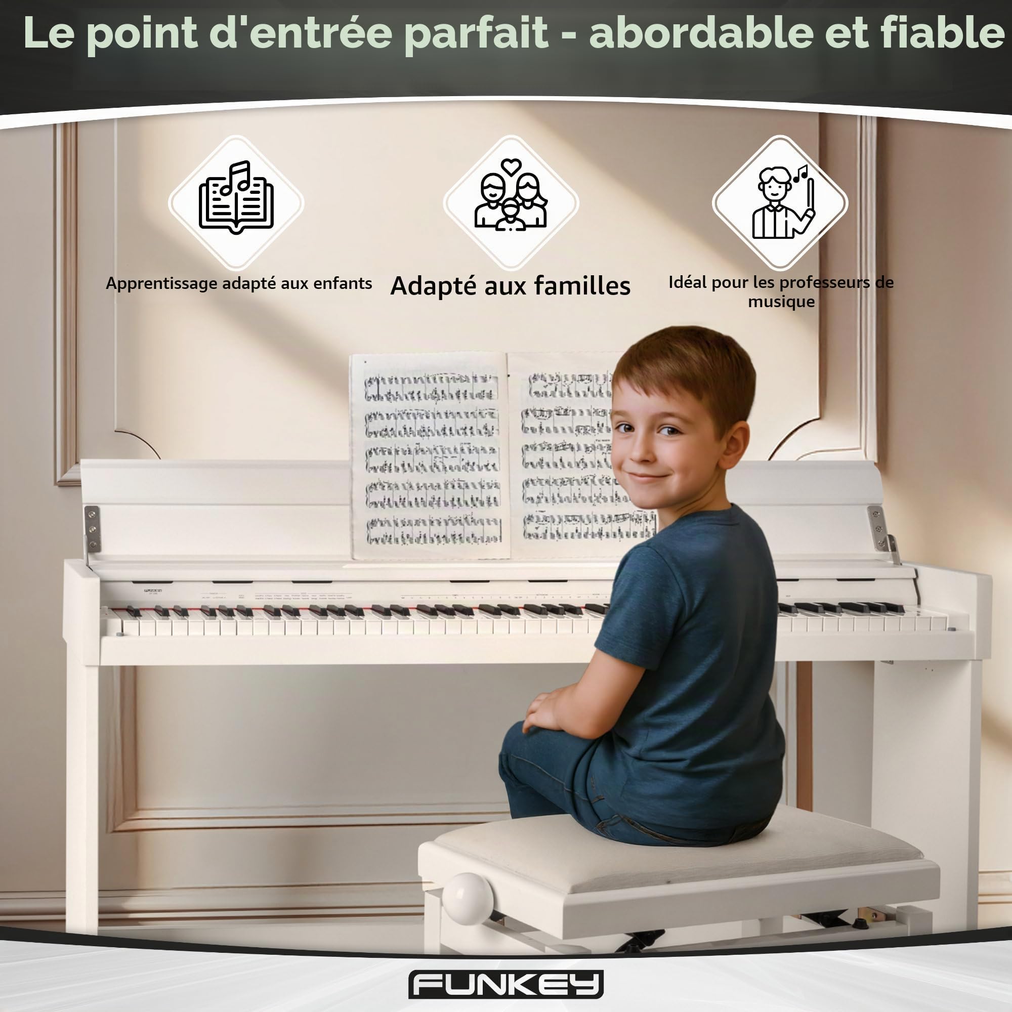 FunKey DP-1088 WM Piano numérique élégant - 88 touches de clavier sensibles à la vélocité et 3 pédales - 20 sons - Haut-parleurs stéréo intégrés et 2 prises pour casque - Blanc mat