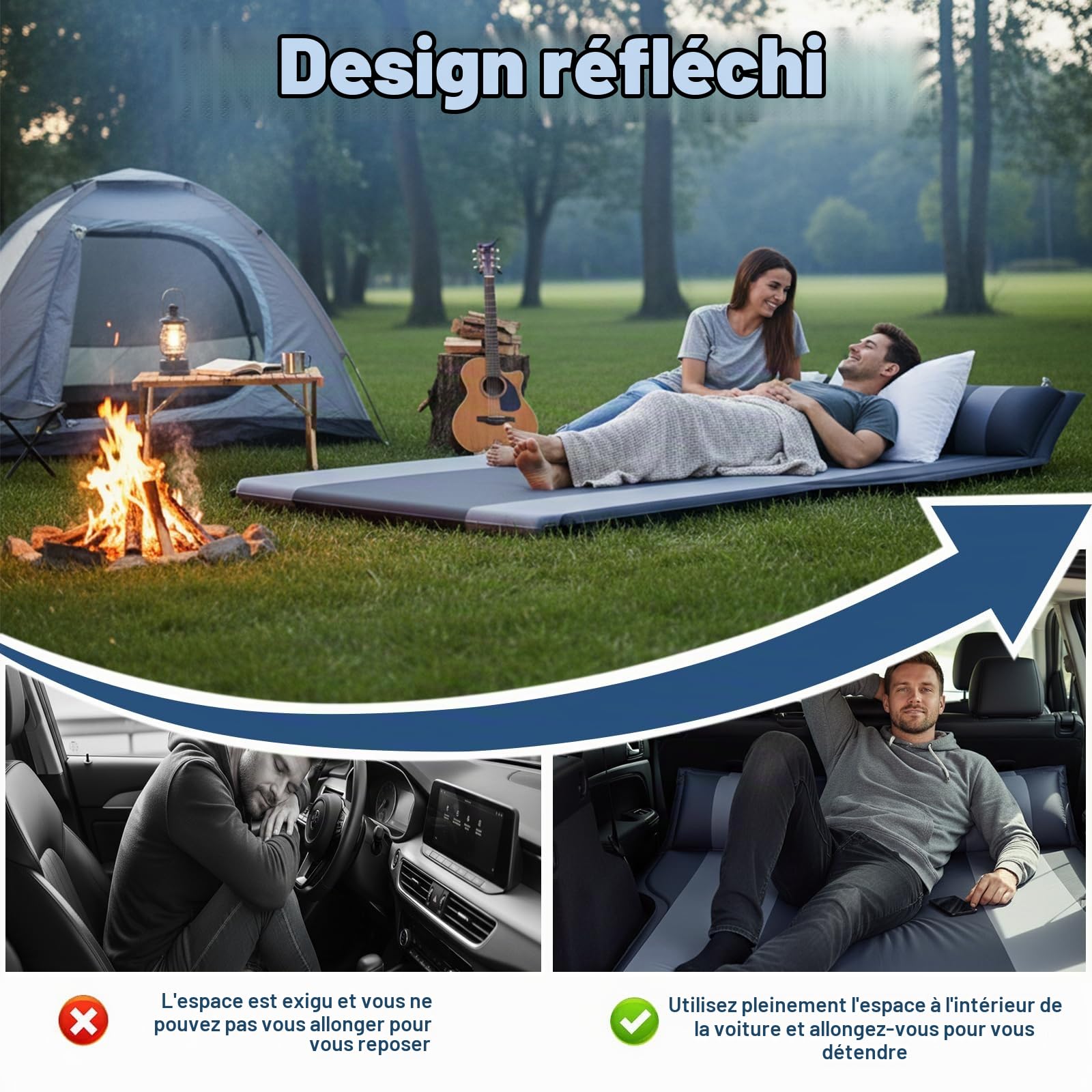 Matelas Gonflable SUV pour Voiture, Matelas Coffre Voiture 2 Personnes, Lit Auto-Gonflant Pliable avec Oreiller Réglable, 5 cm pour Sommeil Confortable, Maison, Extérieur et Voyage