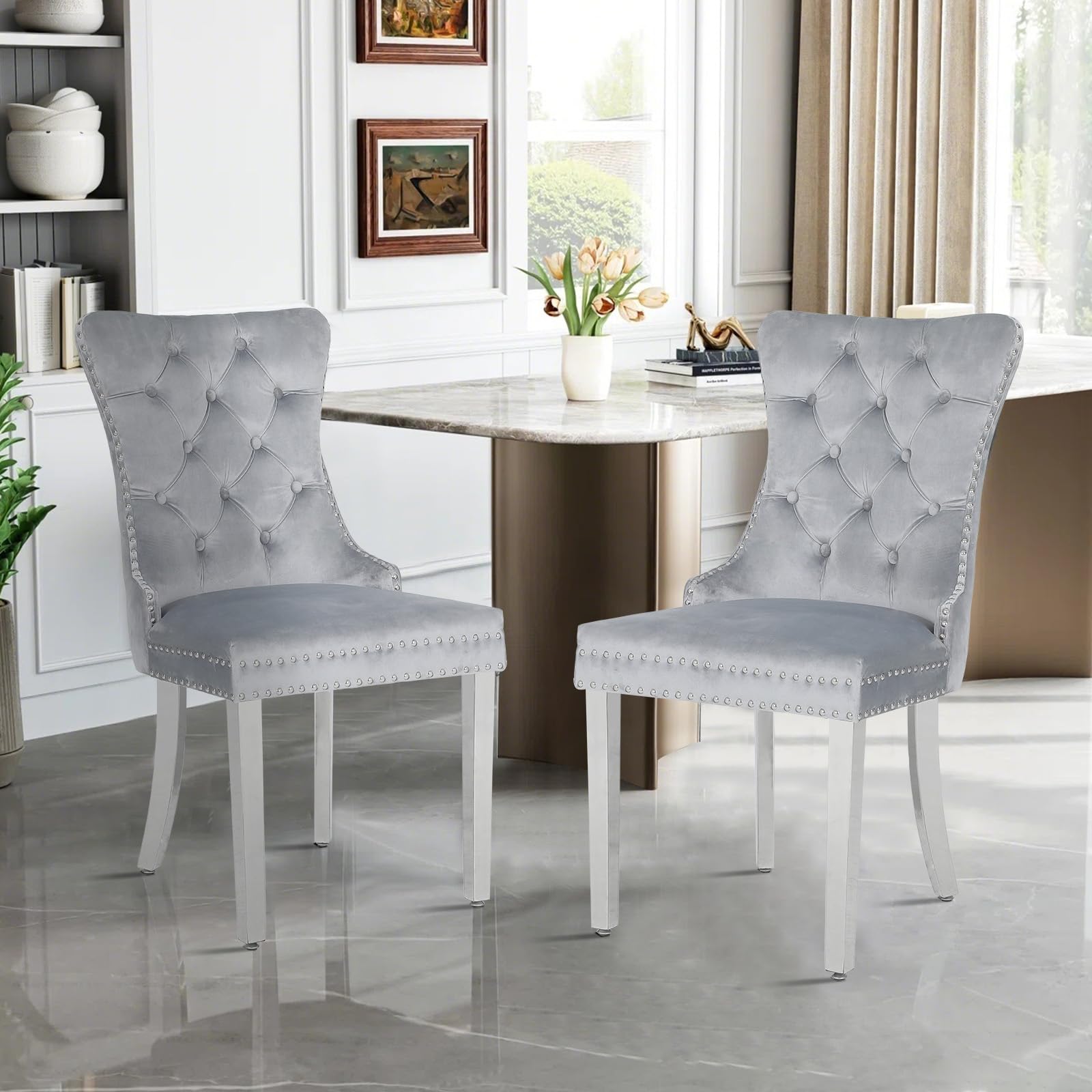 Velvet Dining Chairs Set of 2,Upholstered High Back Dining Room Chairs with Sliver Metal Legs,Modern Luxury&Elegant Dining Kitchen Side Chairs with Pull Ring,Nailhead Trim,Light Grey