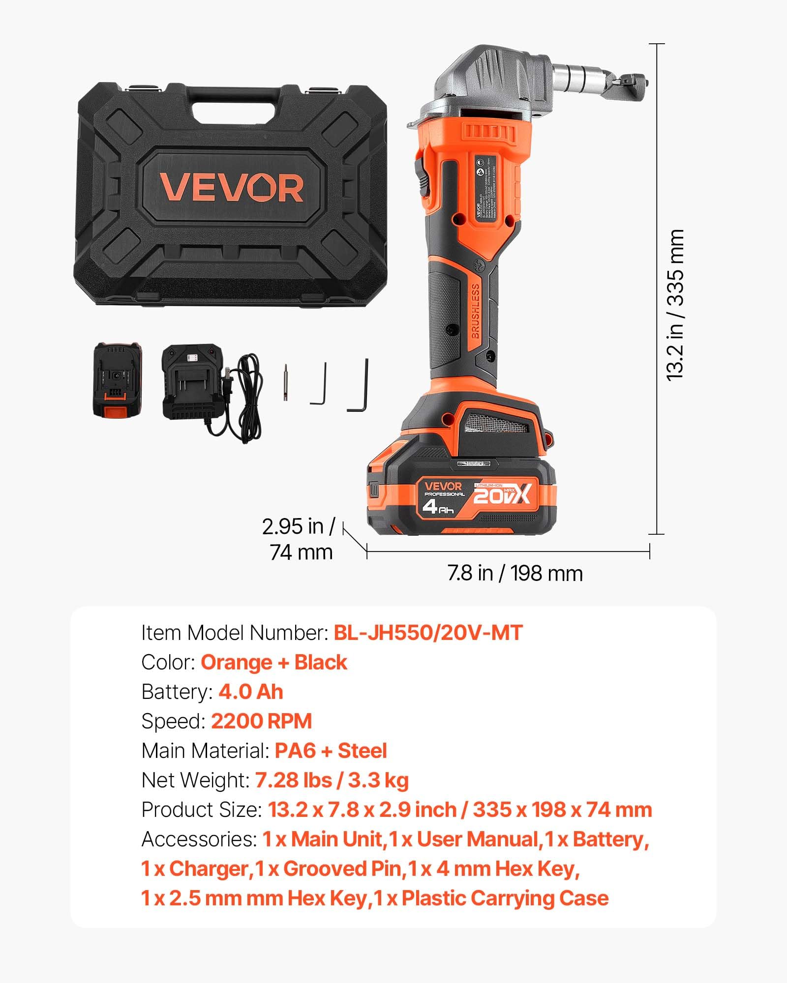 VEVOR Cortador de Metal Inalámbrico con Batería de 20 V y 4000 mAh, Eficiente Motor sin Escobillas de 2200 RPM, con Estuche de Plástico para Cortar Láminas de Acero y Aluminio, Rendimiento Potente
