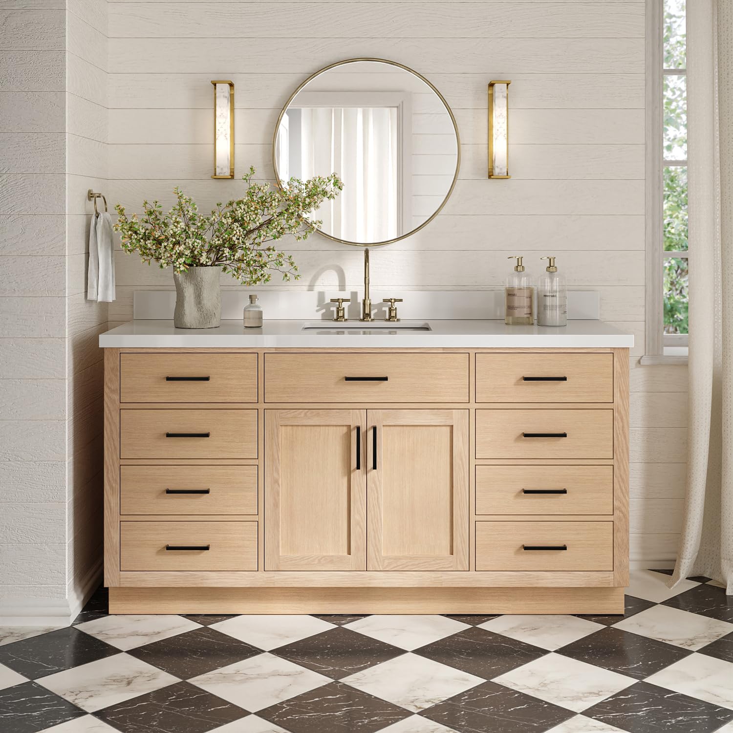 ARIEL Hepburn 67" Inch Oak Single Bathroom Vanity with Sink, Pure White Quartz Countertop 1.5 inch Edge and backsplash, Soft Closing Door and Drawer,