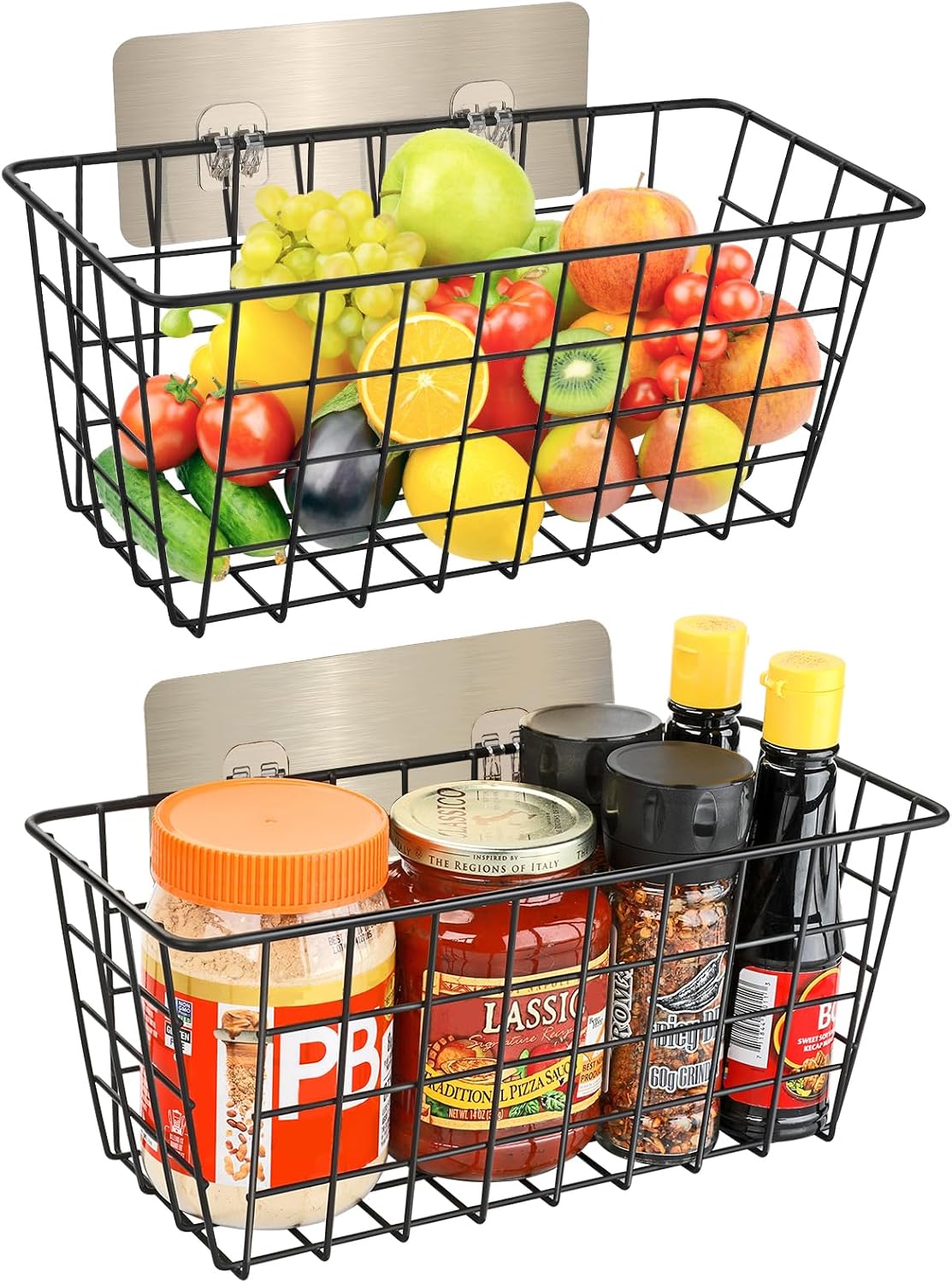 2-Pack Adhesive Hanging Wire Storage Baskets for Cabinets and Pantries