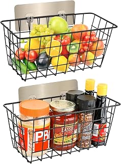 2 Pack Hanging Wall Basket Wire Storage Baskets, Adhesive Basket for Cabinet Door Organizer No Drilling, Sturdy Hanging Fruit Baskets for Kitchen, Pantry Organization, Bathroom, Elegant Black