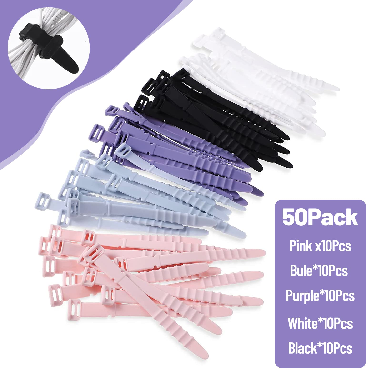 50 fascette in silicone riutilizzabili, fascette stringicavo in gomma per cavi, organizer per casa, ufficio, tavolo, scrivania. Fascette da 11,4 cm in bianco, nero, rosa, viola e blu