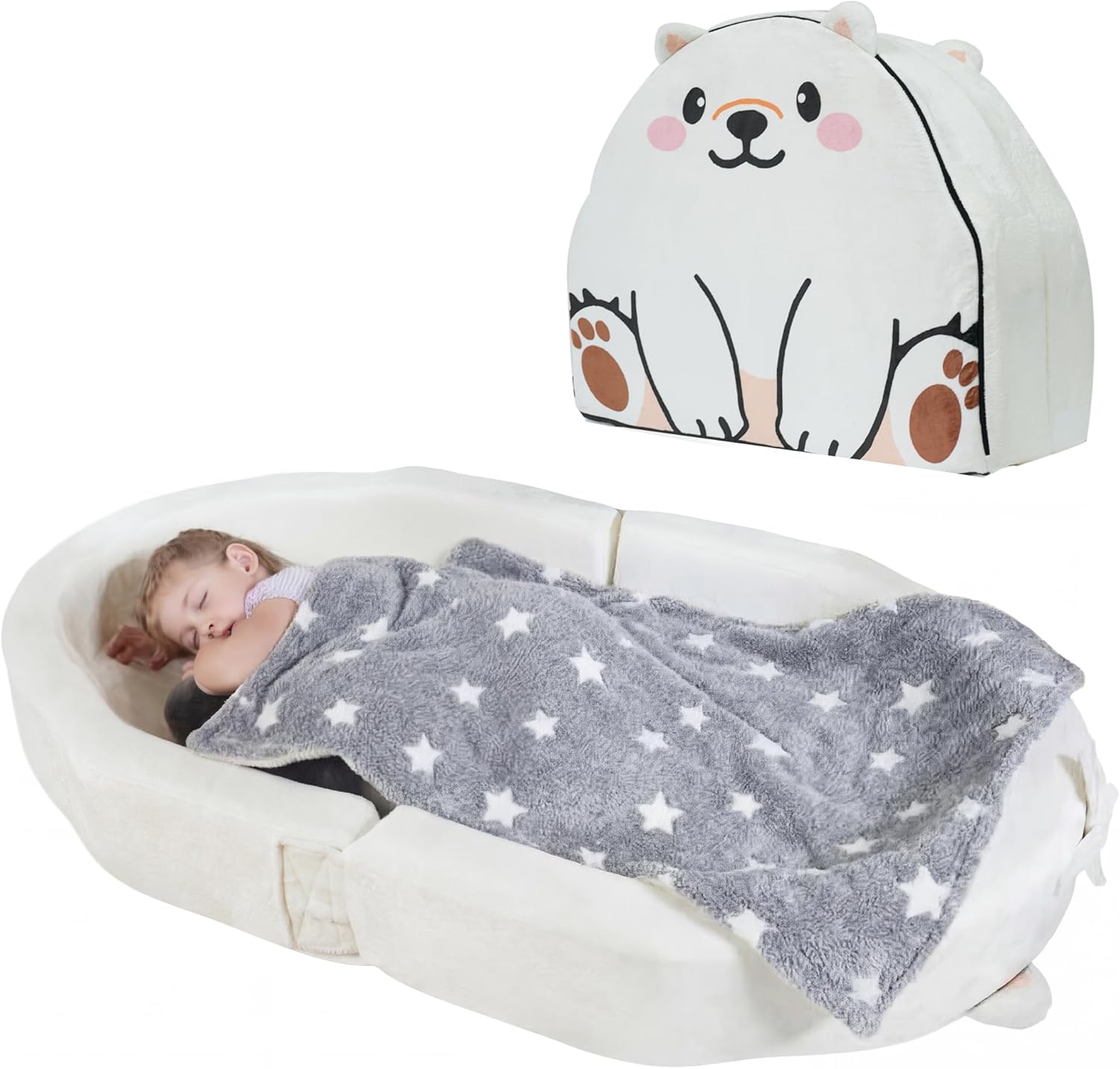 Toddler Travel Floor Bed, Portable Toddler Bed, Soft Baby Kids Foldable Travel Bed for Home, Sleeping, Camping, Washable Portable Crib for Kids with Blanket （White）