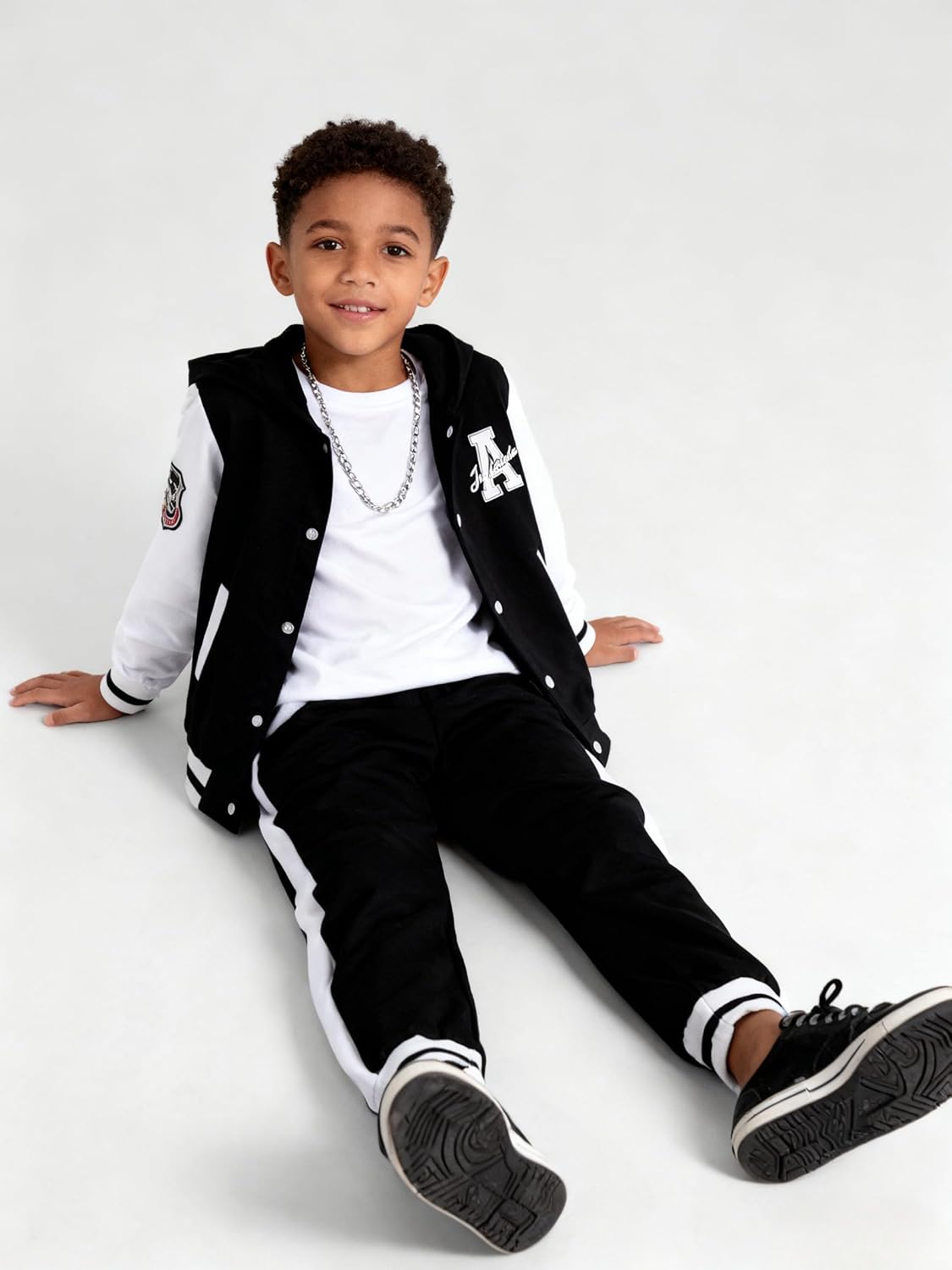 Boys Clothes Button Down Hoodies & Jogger Pants Set Casual Color Block Sweatsuit (Size: 5-9T)