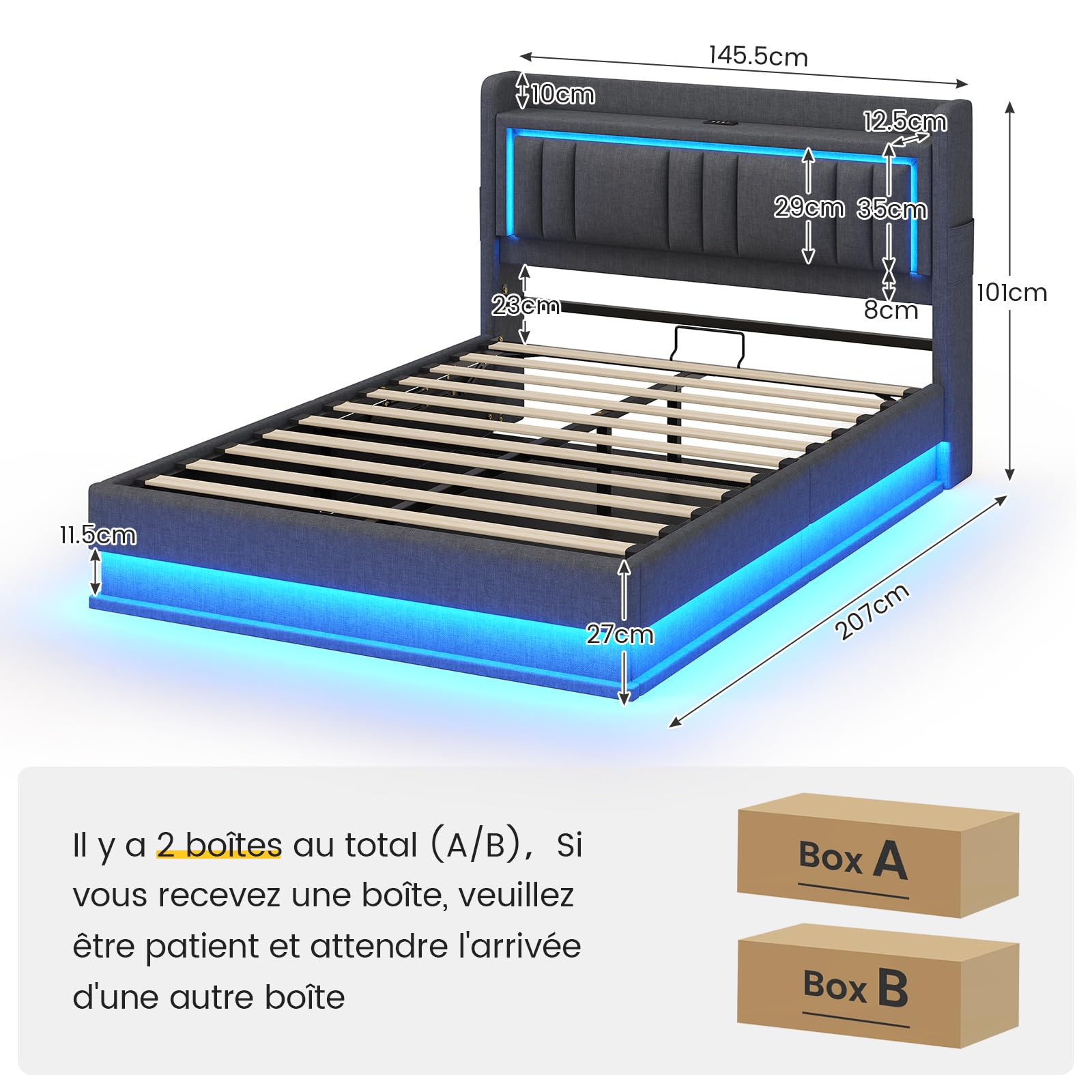 Lit Coffre 140x190 à LED, Lits Hydraulique avec Multiprise, Tête de Lit Capitonnée avec Étagère Ouvertes, Lits Double avec Rangement Spacieux, Lattes en Bois, Litss 140 x 190 avec Sommier, Lin Gris