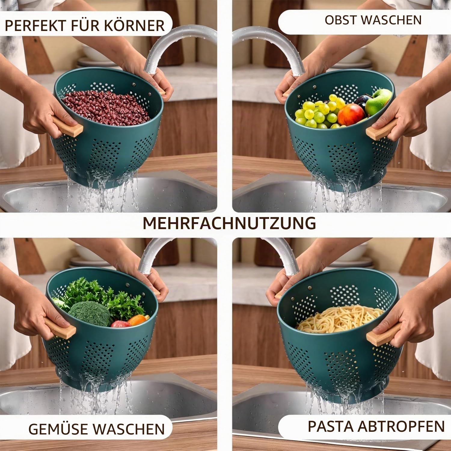 Metall Nudelsieb mit Holzgriff und Stabiler Basis, 22cm Großes Küchensieb für Pasta, Gemüse und Obst, Langlebiges Küchen Seiher Sieb (Tiefgrün)