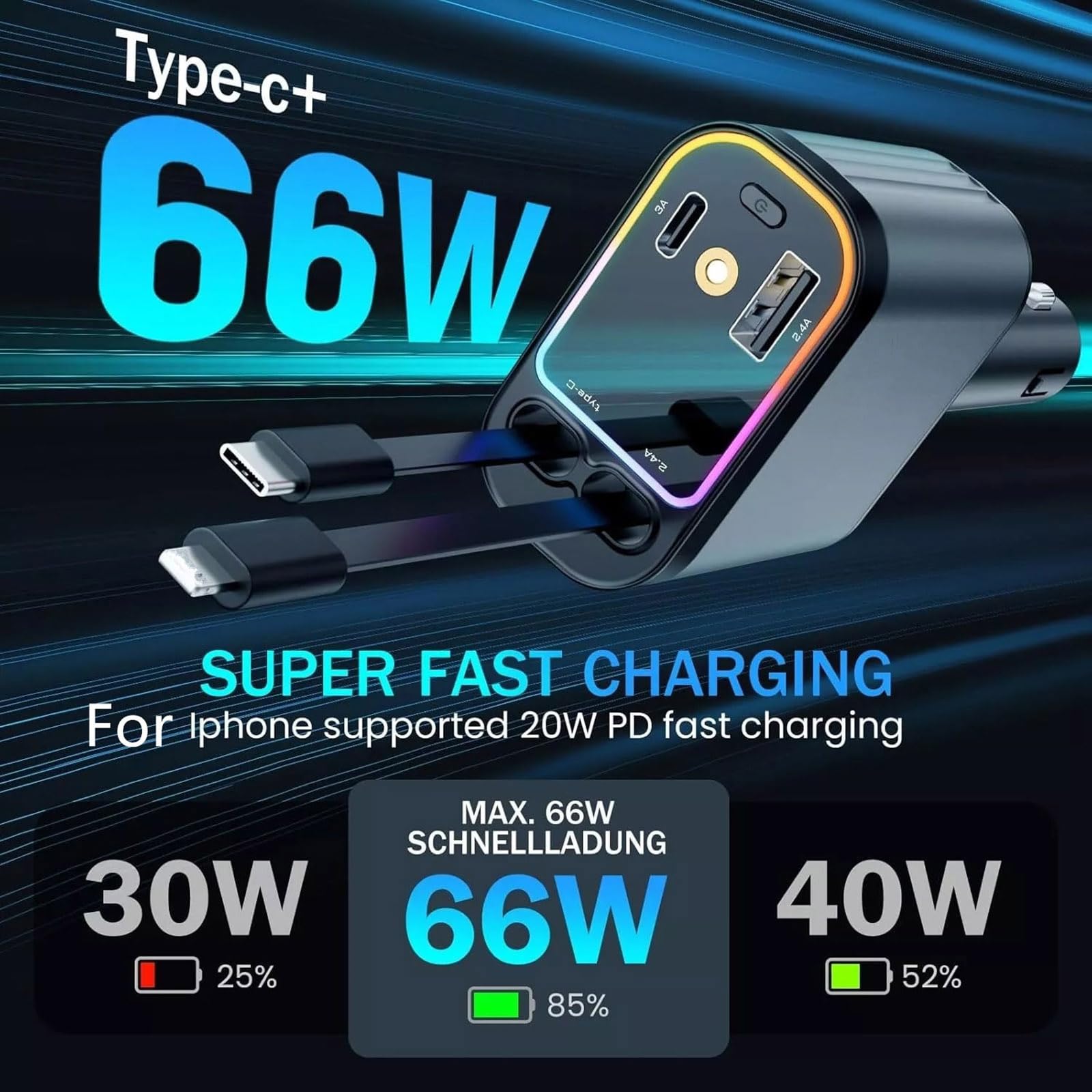 Cargador de coche USB C retráctil 4 en 1 con luz de cielo estrellado, adaptador de carga rápida y puertos de carga duales