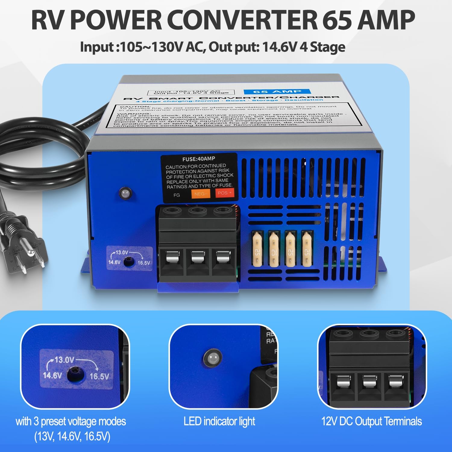 65 Amp RV Converter 120V AC to 12V DC, Lead & Lithium Compatible, 65Amp RV Power Converter Battery Charger with Built-in 4 Stage Smart Charging, Replacement for WF-9800 Series