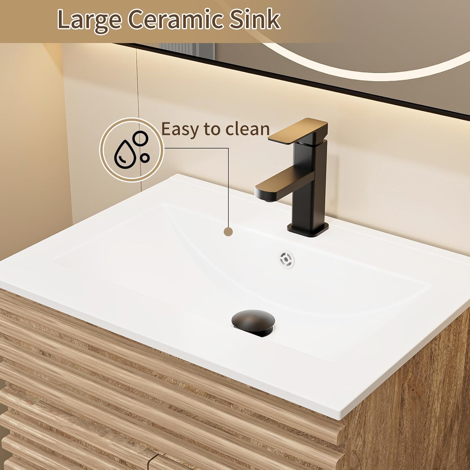 LUCKWIND 24" Bathroom Vanity with Sink Combo, Mid-Century Storage Cabinet with Wood Stripes, Ceramic Sink and Water Saving Faucet, Walnut