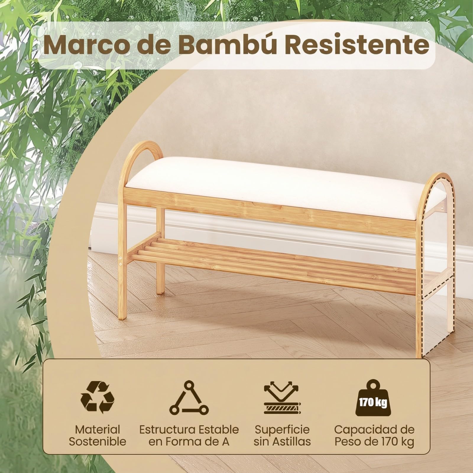 COSTWAY Banco Zapatero de Bambú, Banco para Zapatos con 1 Estante, Tapa Abatible Acolchada, Banco Zapatero Pasillo Entrada Salon, 101 x 31 x 51 cm (Beige)
