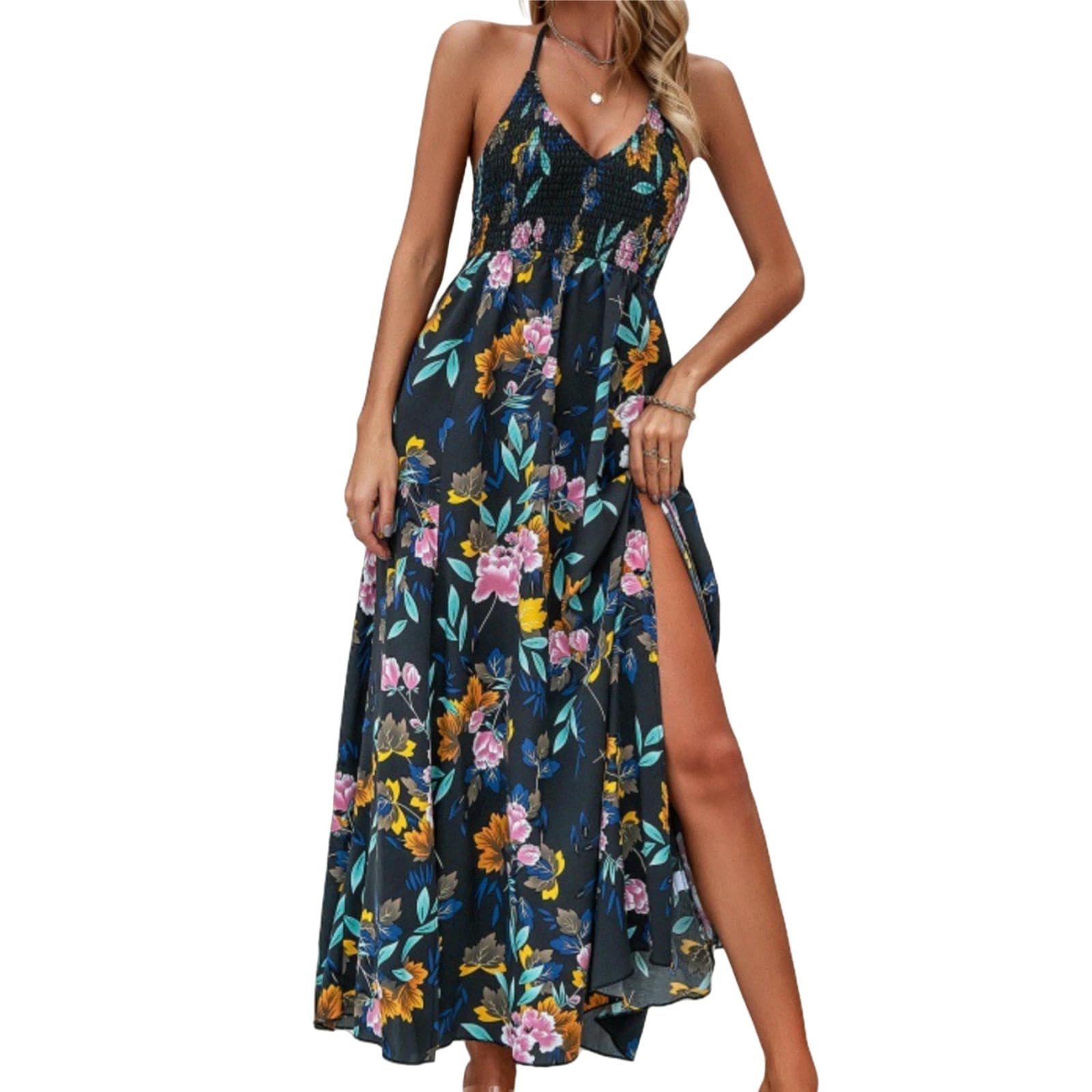 Summer Dresses For Women Women's Summer Dresses Floral Halter Backless Slit Dress Women'S Casual Swing Midi Dress