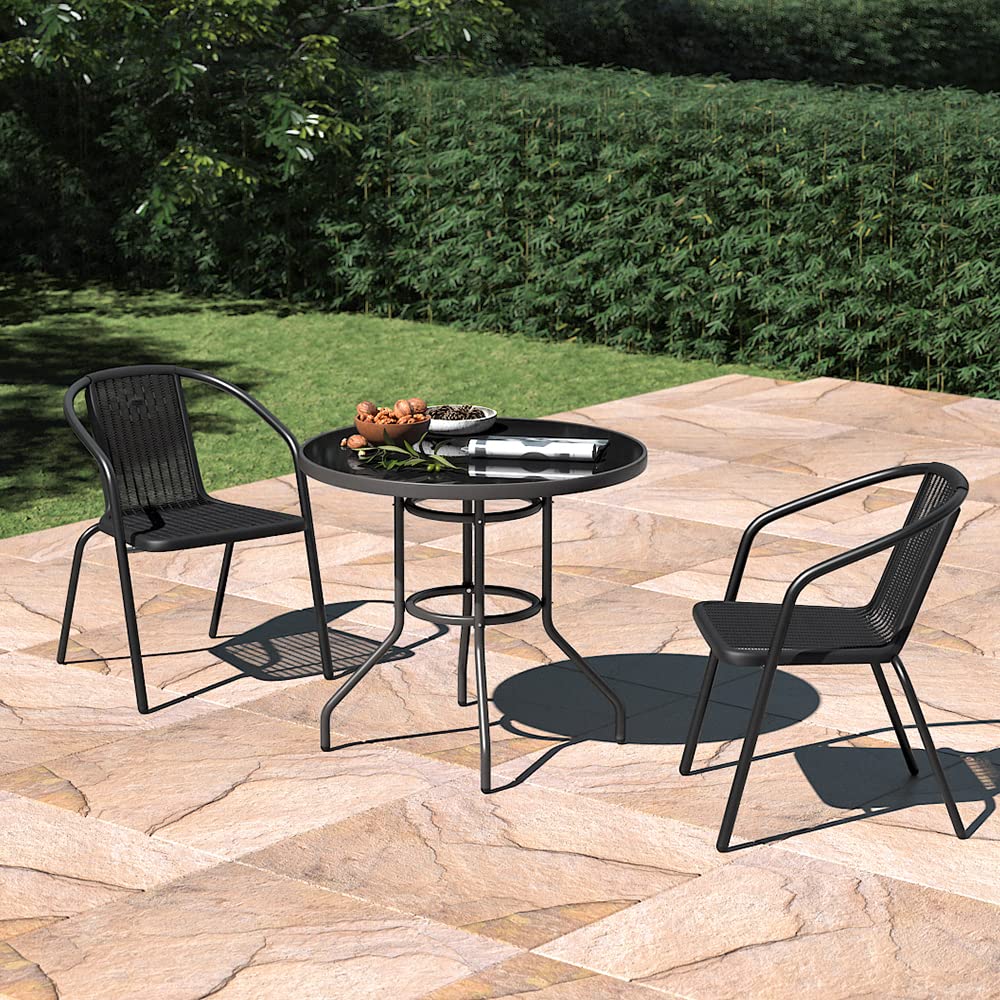 The Fellie Garden Furniture Set Outdoor Dining Table and Chairs Patio Tempered Glass Table Top with Umbrella Hole Wicker Stacking Chairs Seat(80cm Round Table+2PC Chair)