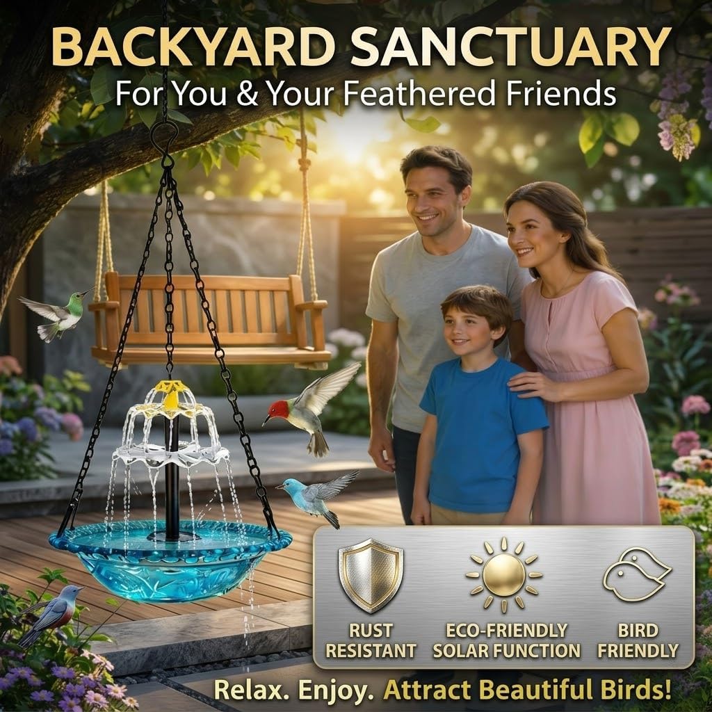 Solar Hanging Bird Bath Fountain with Solar Pump, Cascading Outdoor Water Fountain with Glass Bowl, Decorative Hanging Bird Bath for Garden, Yard, Patio, Porch, Tree (Grey)