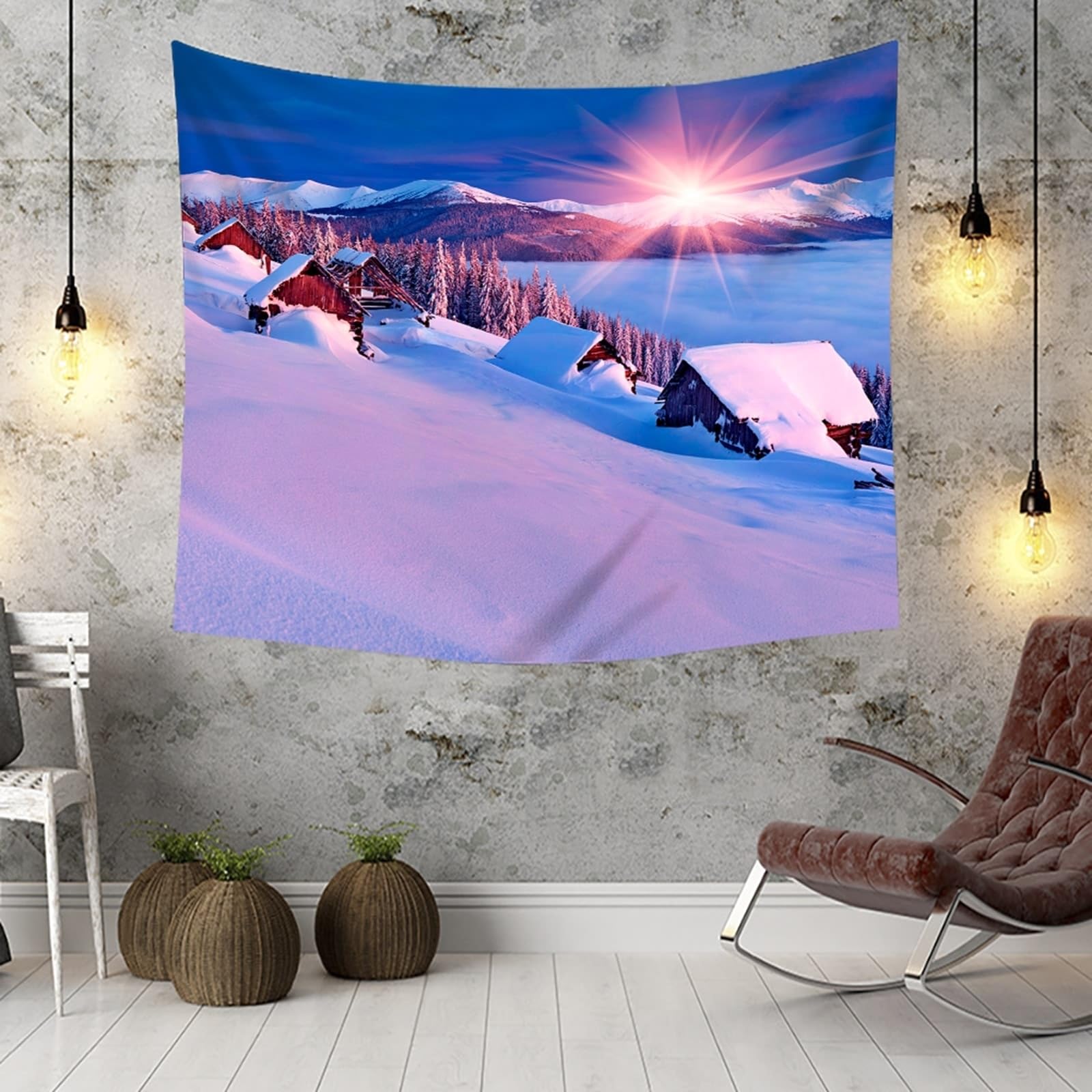 Skcess Gobelin ścienny do salonu poliester, ciemnoniebieski biały pejzaż śnieżny gobelin ścienny do biura 240 x 220 cm