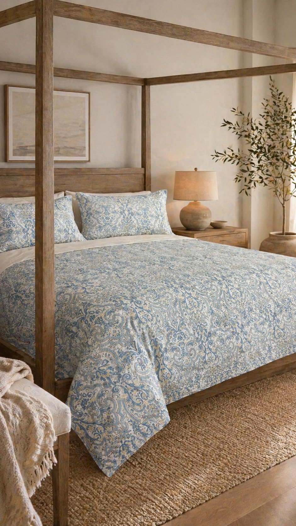 Cotton King Size Bedspread | Blue Damask Floral Reversible Quilted AC Comforter Blanket for Double Bed with 2 Pillow Covers, All Season 3 Pc Lightweight Microfiber Comforter Coverlet Premium Quilt Set-image-6