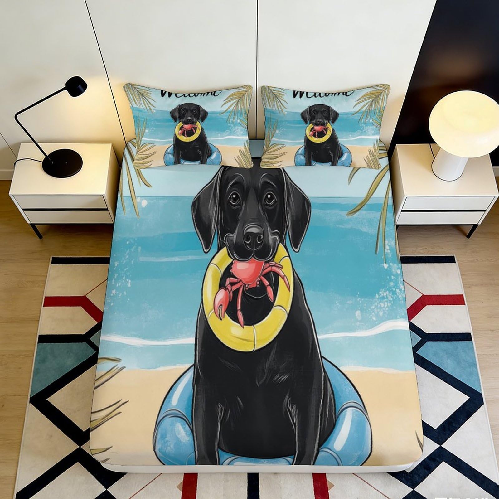 Uxinyoume Style-4 3D Printed Black Labrador Beach Fitted Sheet Microfiber Soft Decorative Dog Bed Cover For Bedroom Dorm Protection 90X200x25cm