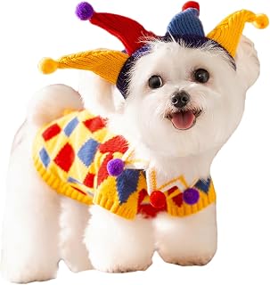 FLAdorepet Dog Circus Clown Costume with Joker Hat,Dog Cat Halloween Mardi Gras Outfit Party Jester Costumes Cosplay Apparel,Winter Pet Knitted Sweaters Clothes for Small Medium Dogs Cats,X-Small