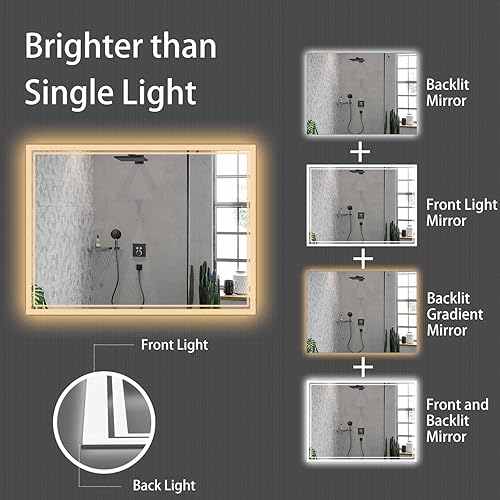 Miniatura 10 de Espejo de baño LED, 28 x 20 pulgadas, espejo de tocador iluminado frontal y retroiluminado, antiniebla, regulable, 3 colores CRI90, espejo LED